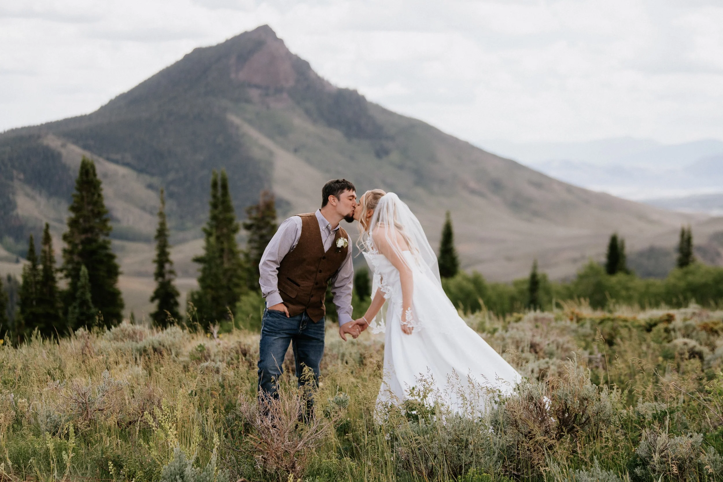 A couple holding hands and kissing outdoors in a grassy field with trees and a mountain in the background during daytime.