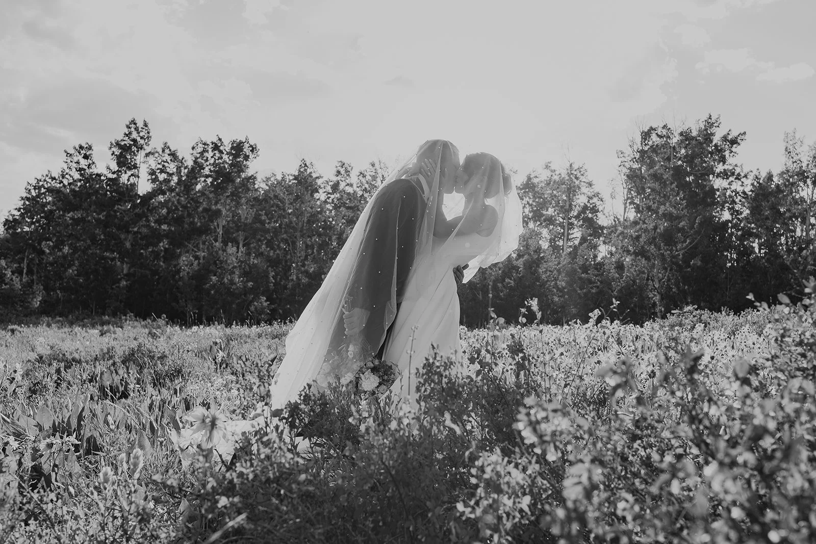 A black and white photo of a bride and groom in wedding attire sharing a kiss in a field, with trees in the background.