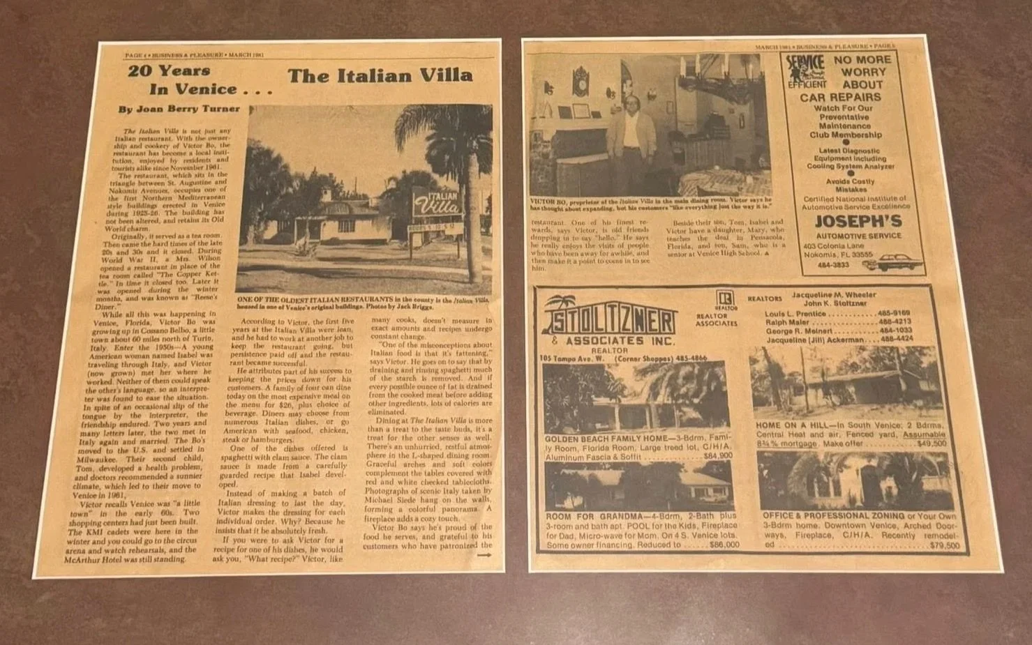 A two-page newspaper article titled "20 Years in Venice... The Italian Villa" with black-and-white photographs depicting an Italian-style building, a man in an office, and various advertisements for real estate and auto repair.