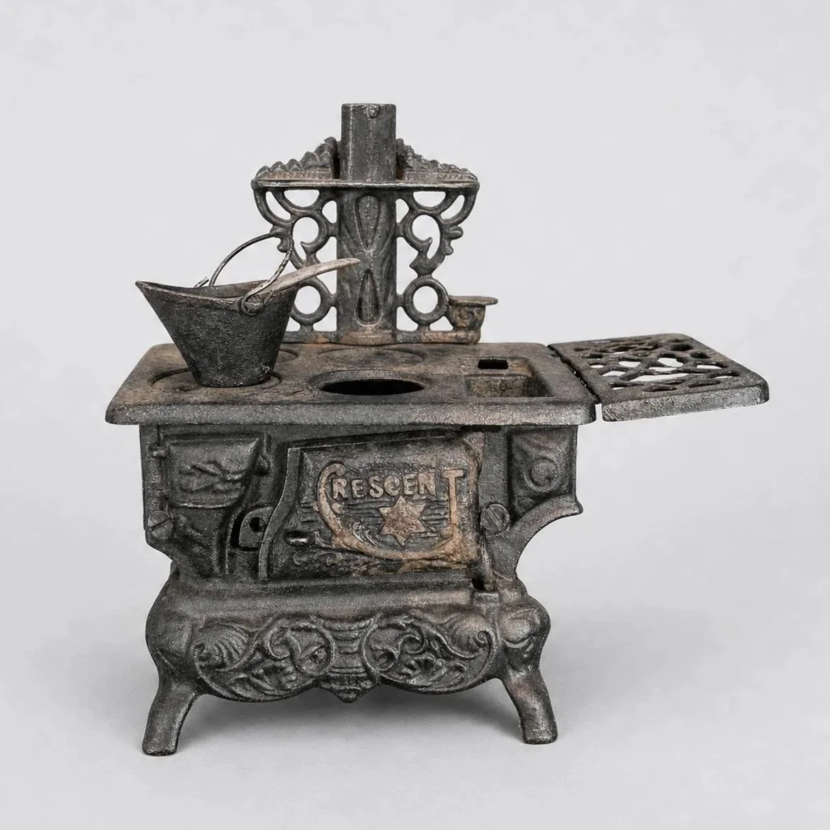 Crescent Cast Iron Miniature Stove with Kettle | Early 1900s Toy Stove