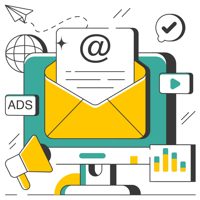 Digital marketing and email communication illustration with an envelope, computer monitor, globe, megaphone, and icons representing ads, video, and analytics.