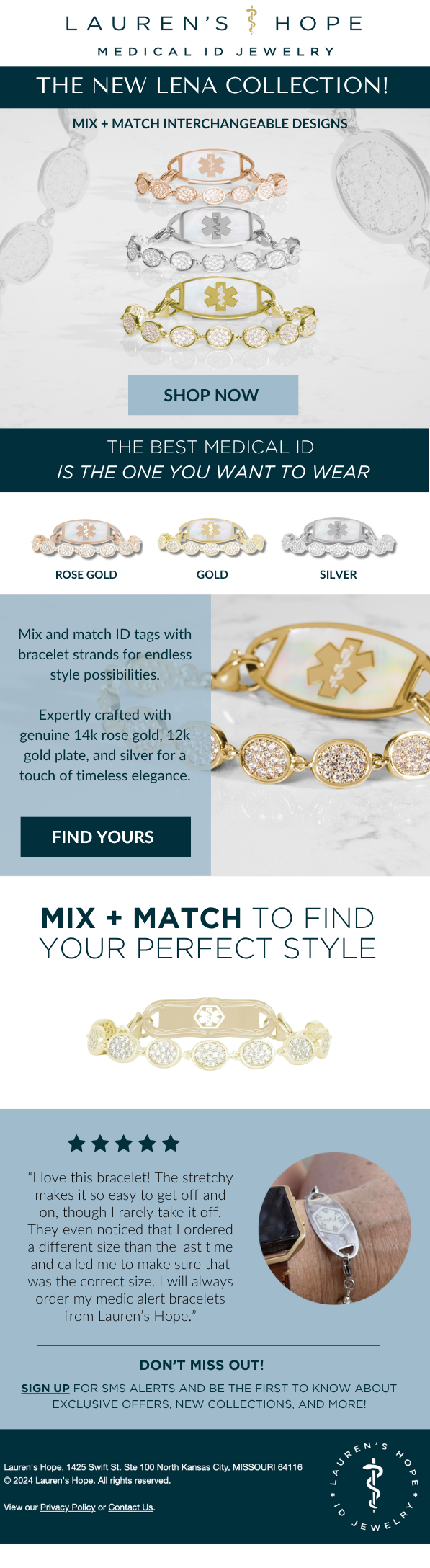 Advertisement for medical ID jewelry featuring the new Lena collection with interchangeable designs in rose gold, gold, and silver. Showcases bracelet styles, color options, and customer reviews.