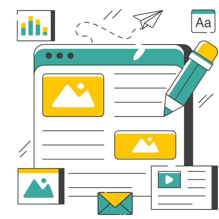 Illustration of a webpage with image and text content, a large pencil, and icons of a graph, a letter, and a video, representing content creation and digital communication.