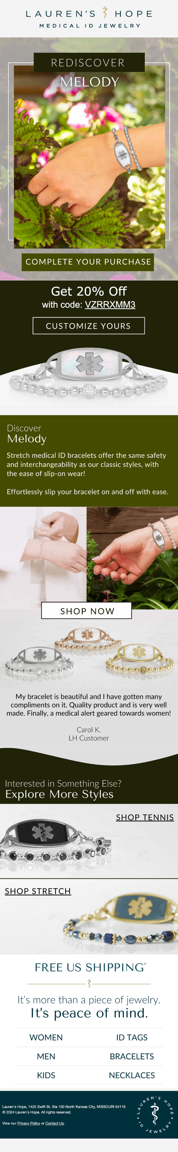 An advertisement for medical ID jewelry, featuring stretch medical ID bracelets that are safe and interchangeable.