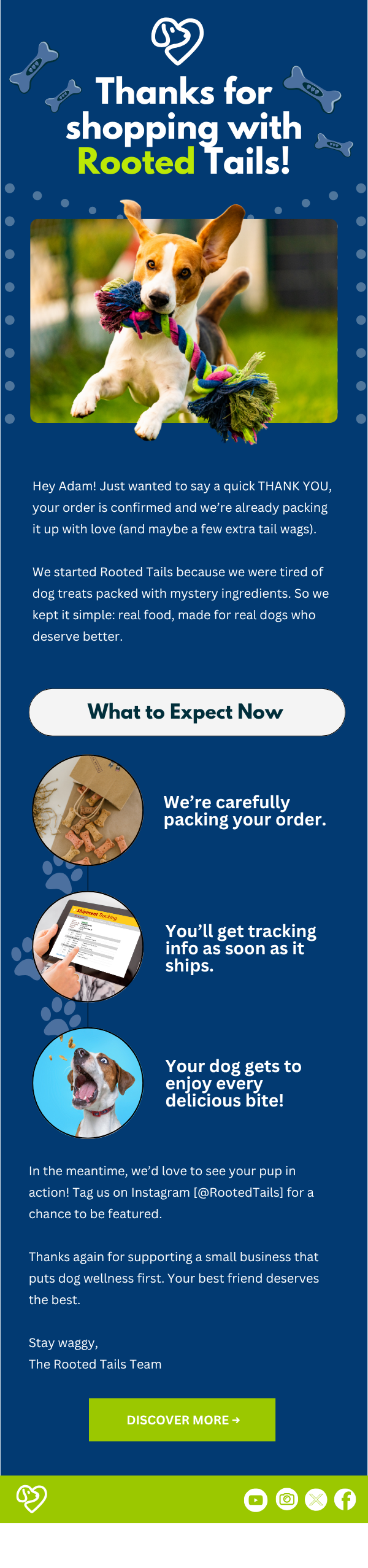 Promotional email from Rooted Tails featuring an image of a dog with a colorful rope toy, thanking a customer for shopping, and explaining their focus on healthy dog treats.