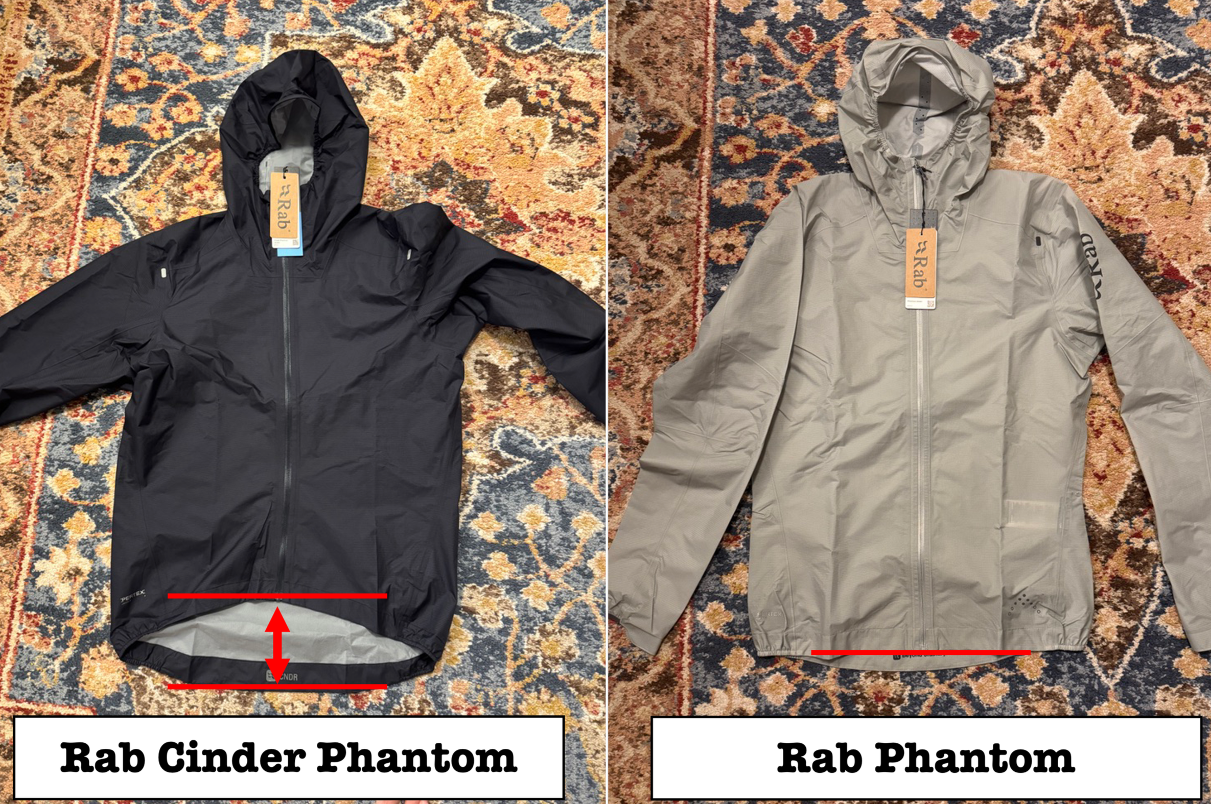 Rab Cinder Phantom vs Rab Phantom fit comparison front length difference