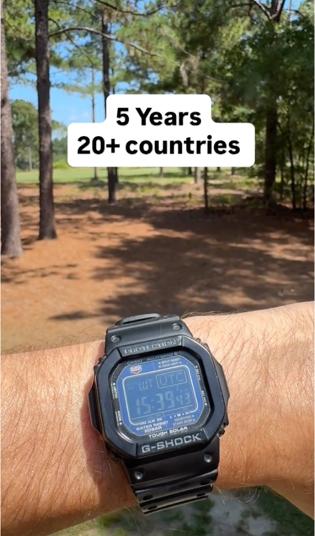 casio gw-m5610 on wrist during one-bag travel