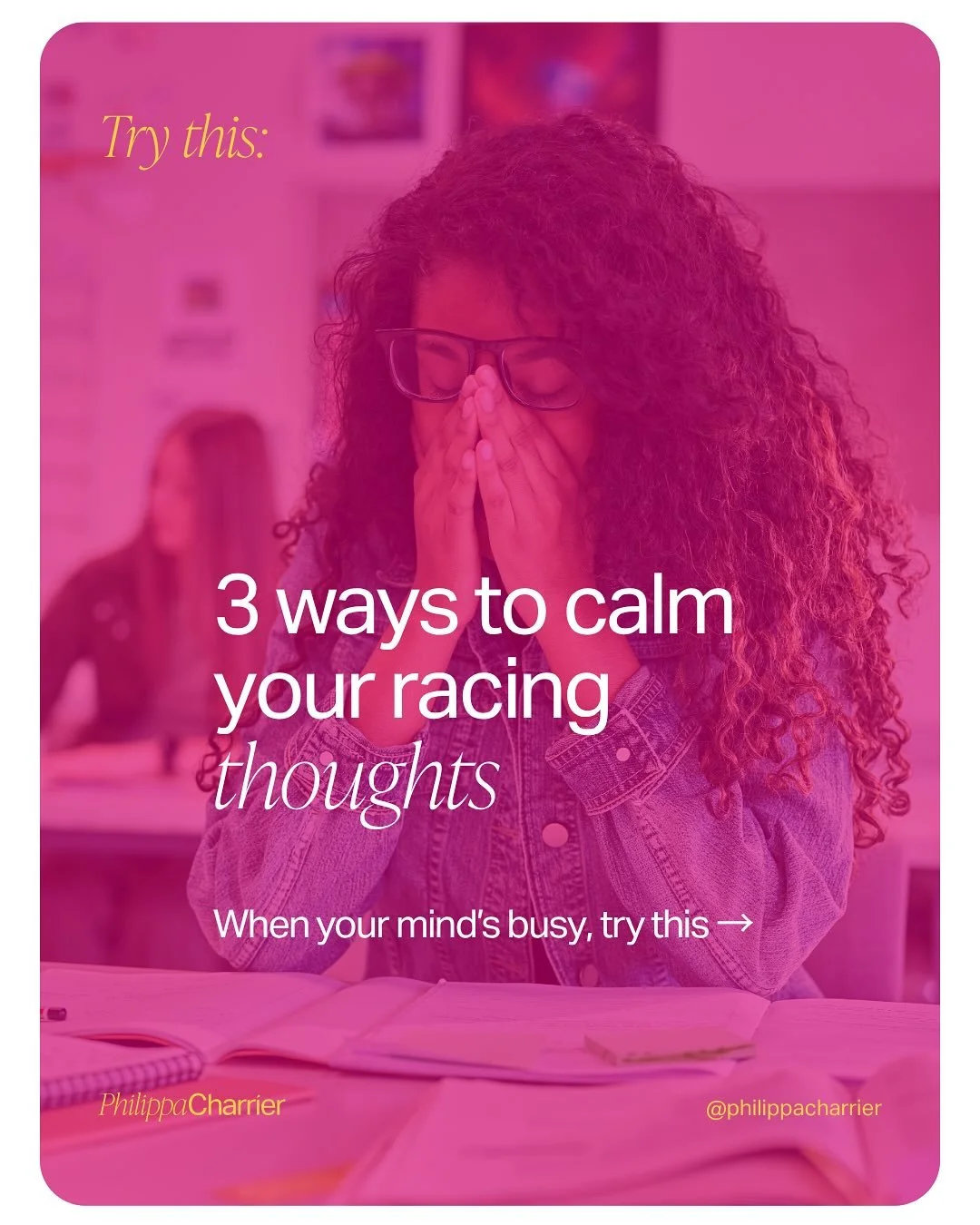 You can&rsquo;t stop every thought, but you can train your focus.

🩷 Write your worries down
🩷 Name what you feel
🩷 Ground yourself in the present moment

A calm mind isn&rsquo;t empty, it&rsquo;s steady.

📲 Follow @philippacharrier for daily str