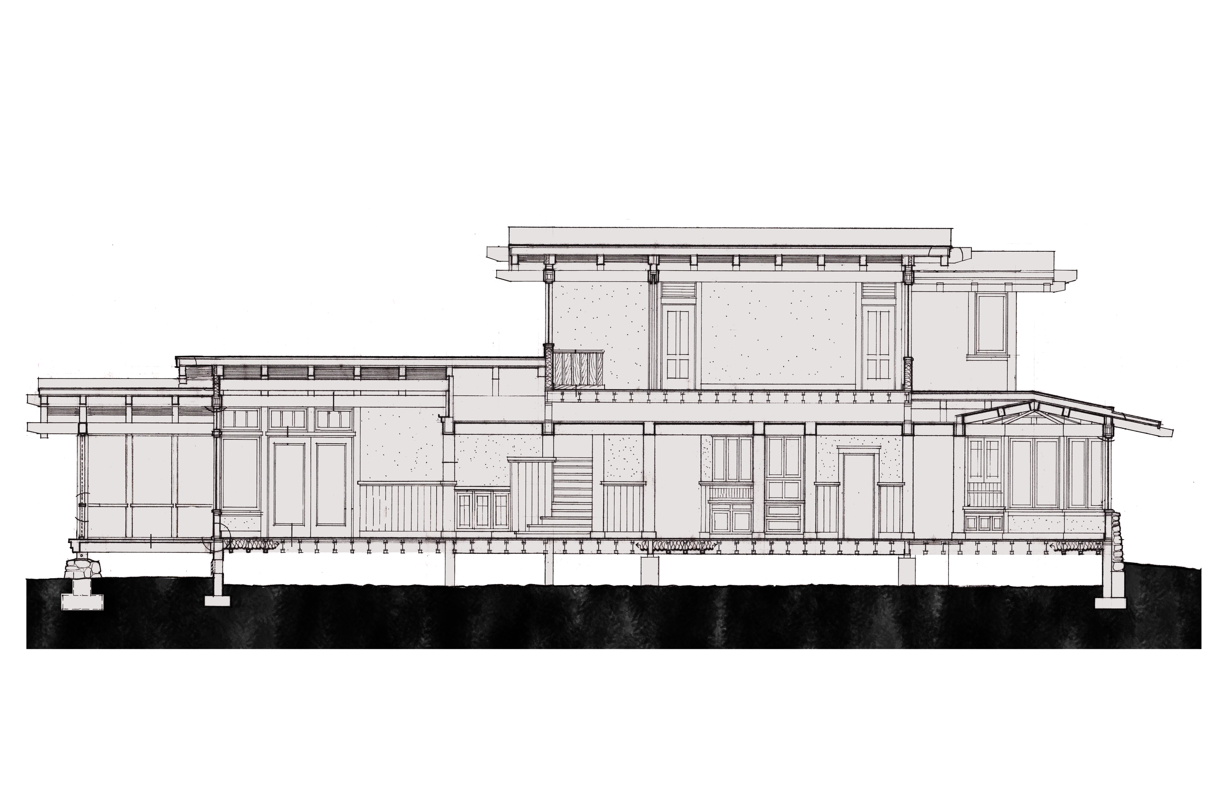 Architectural Sketch of a two-story house with exposed foundation, multiple windows, doors, and detailed roof structures.