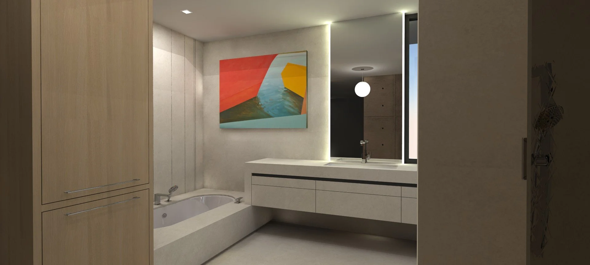 Modern bathroom with a bathtub, a vanity with a sink, a mirror, and a colorful abstract painting on the wall.
