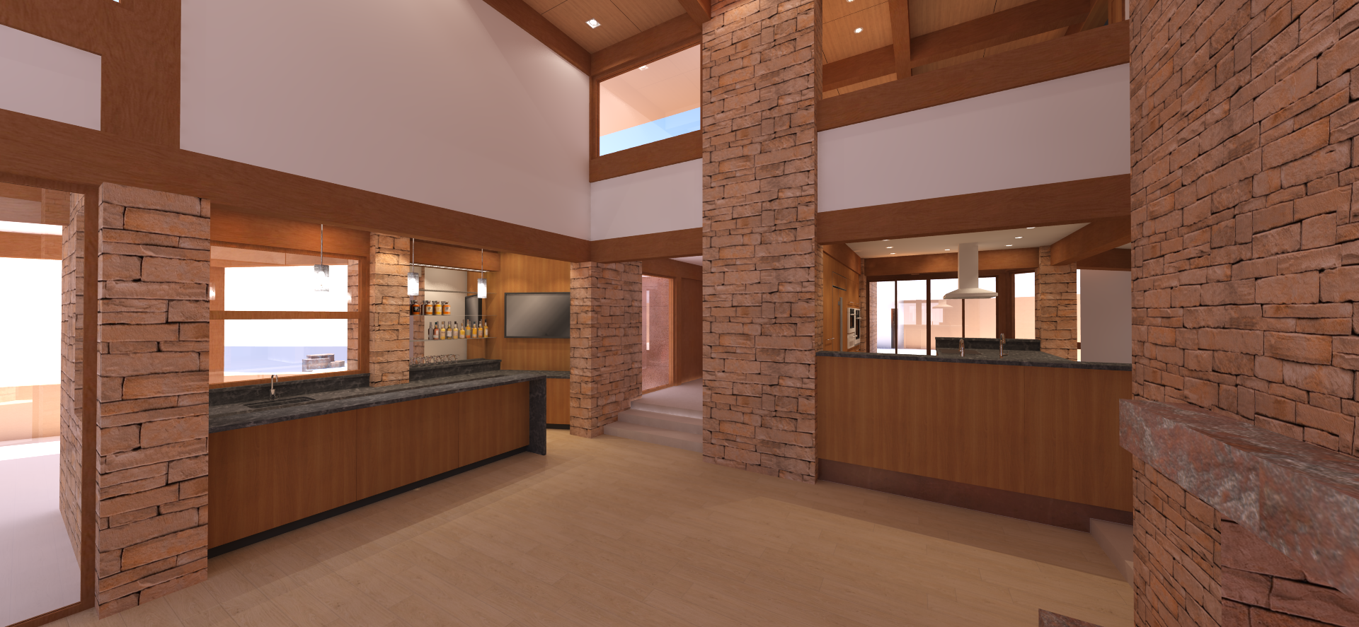 Open kitchen with brick walls, wooden accents, black granite countertops, and large windows