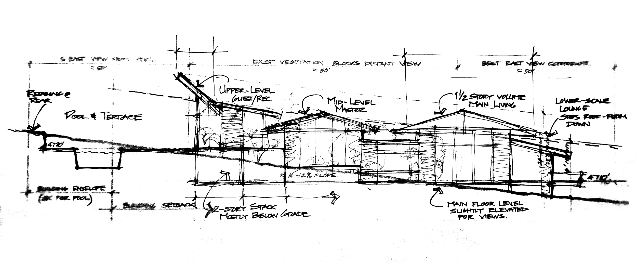 Architectural blueprint of a house showing various levels, including front porch, main level, upper level, and roof, with construction details and measurements.