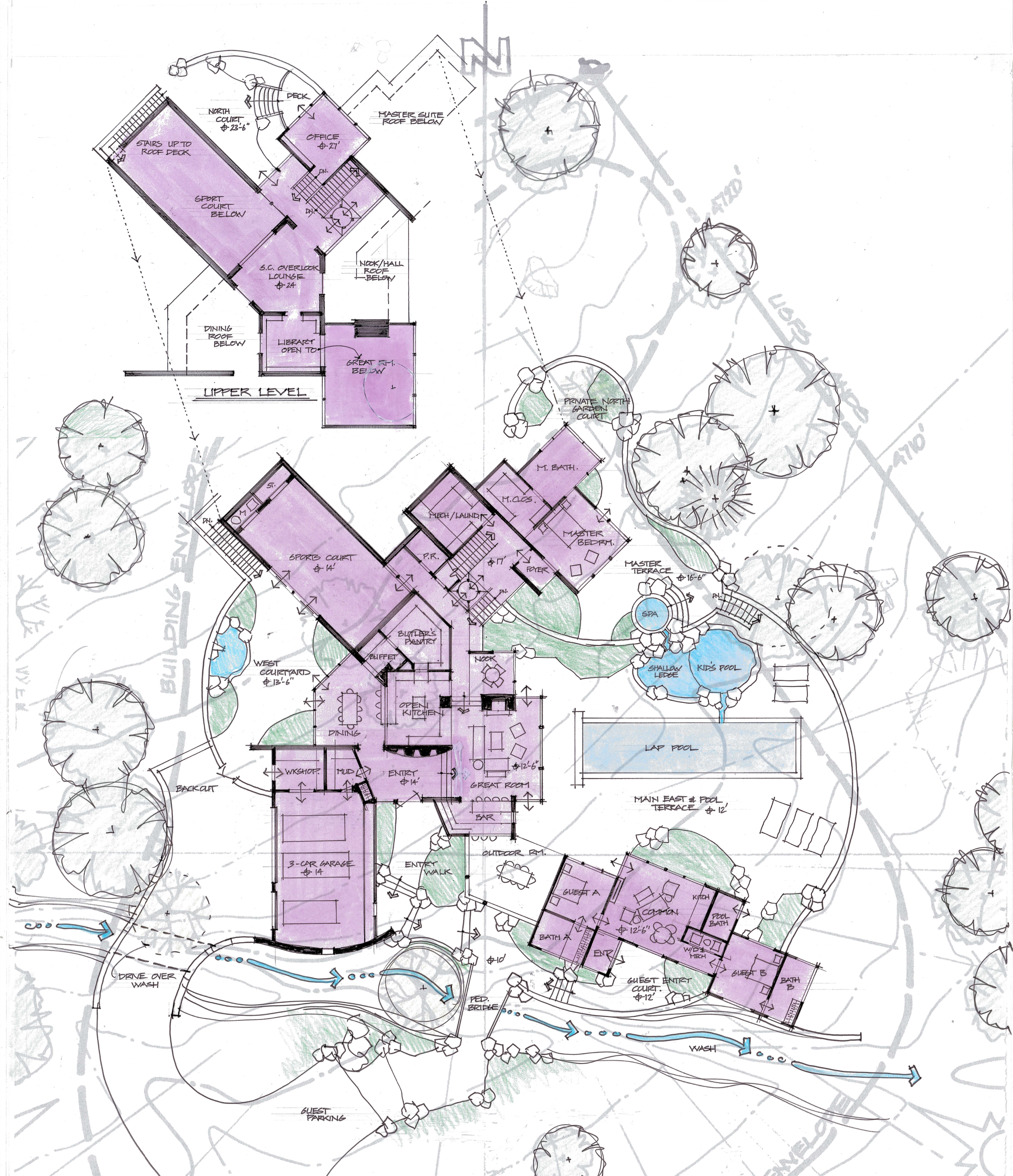 Architectural site plan of a large residential property, showing detailed floor layouts, outdoor pools, water features, landscaping, trees, driveways, and parking areas.