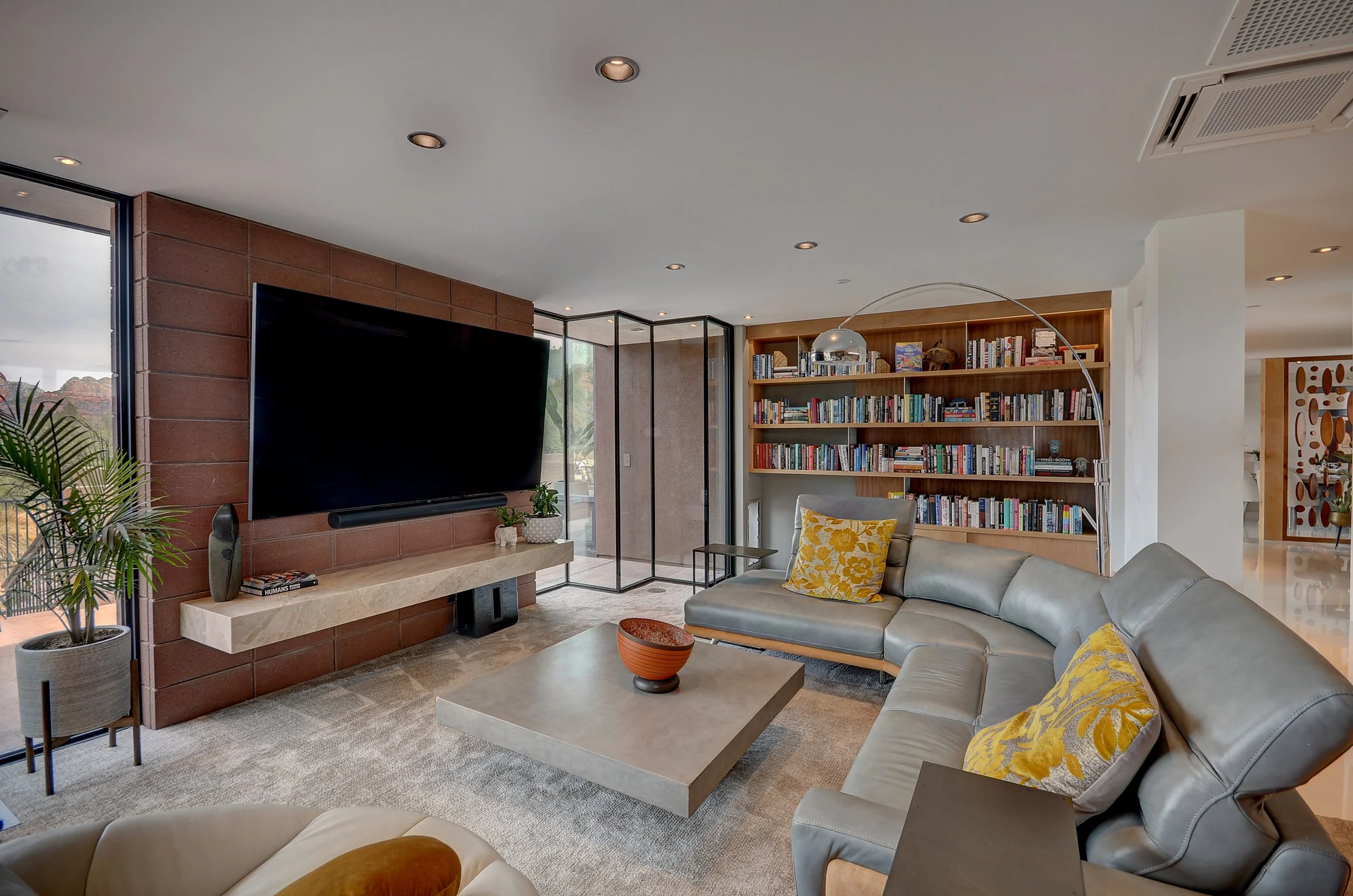 Custom living space library media room corner window contemporary craftsman