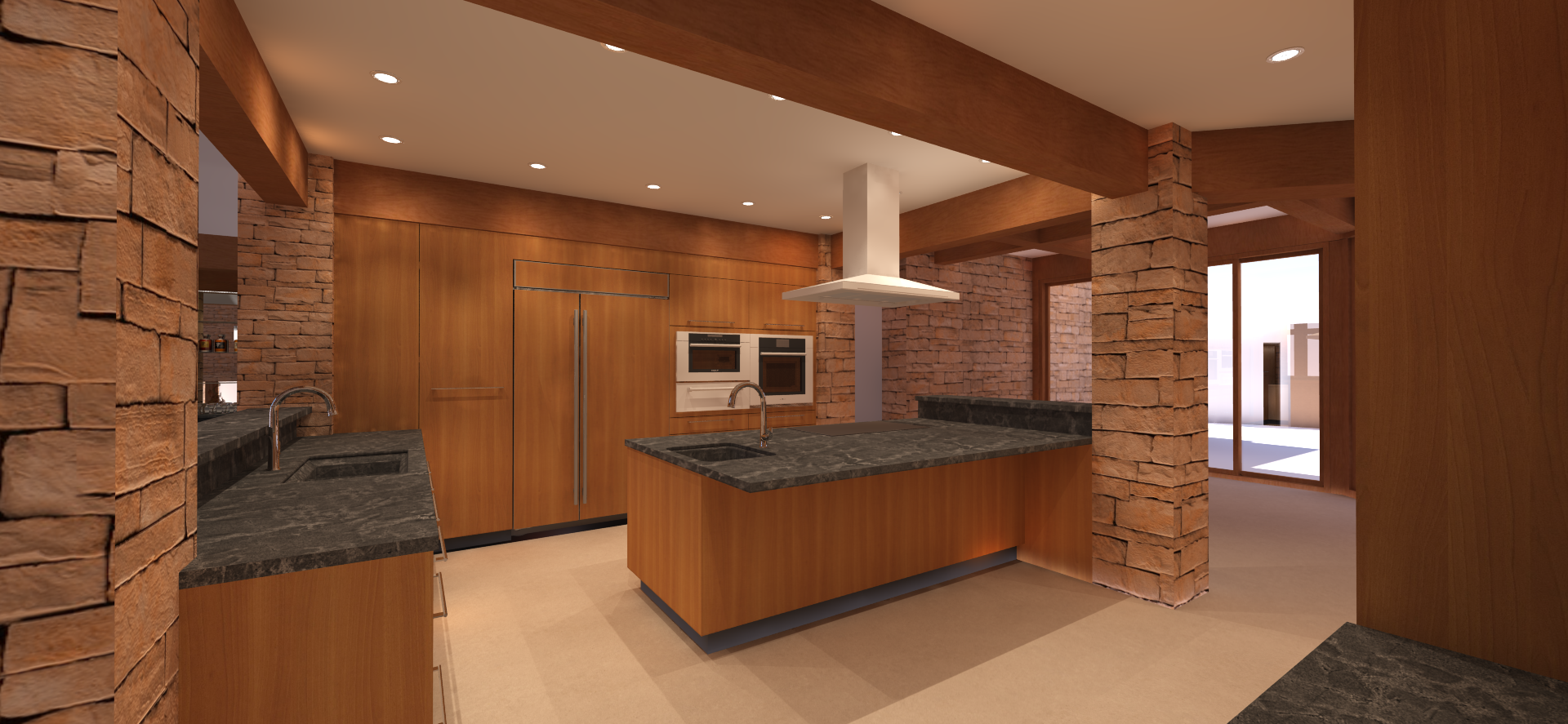 Modern kitchen with wooden cabinets, brick walls, black marble countertops, an island with a sink, built-in double wall ovens, and a sliding glass door leading outside.