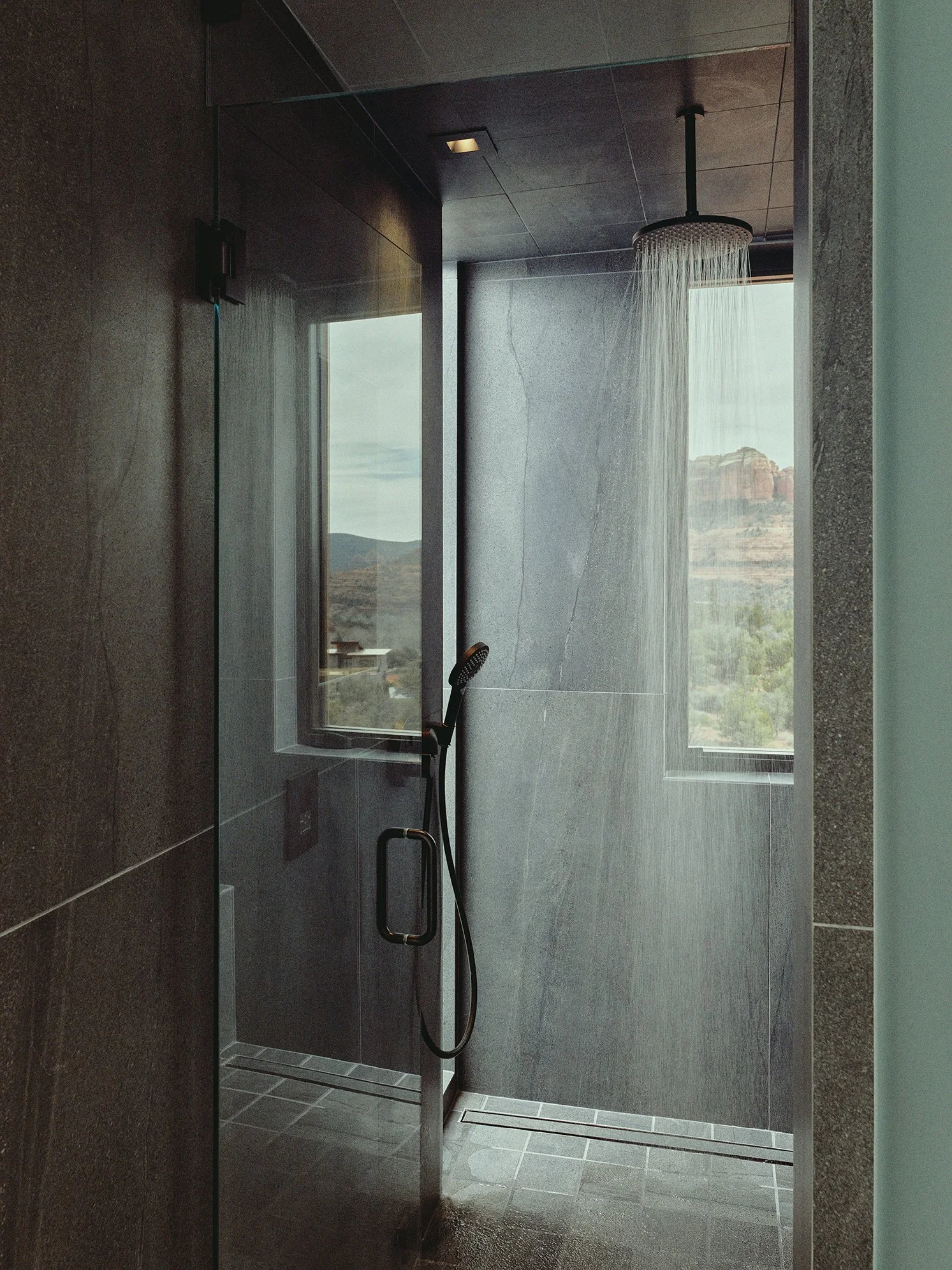 picture window rain shower graphite neutral finish interior design