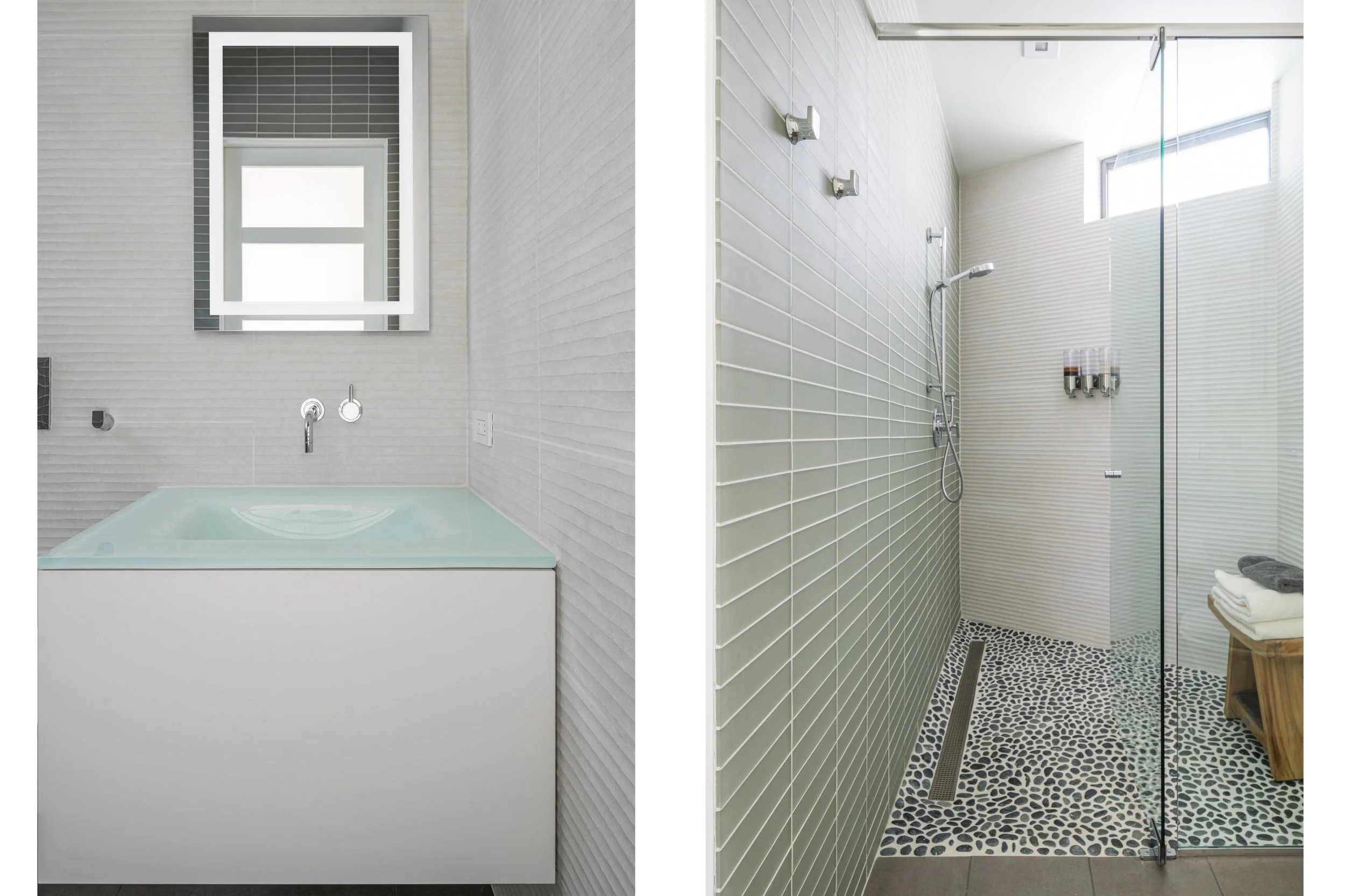 luxury custom home blue tile retro bathroom illuminated mirror