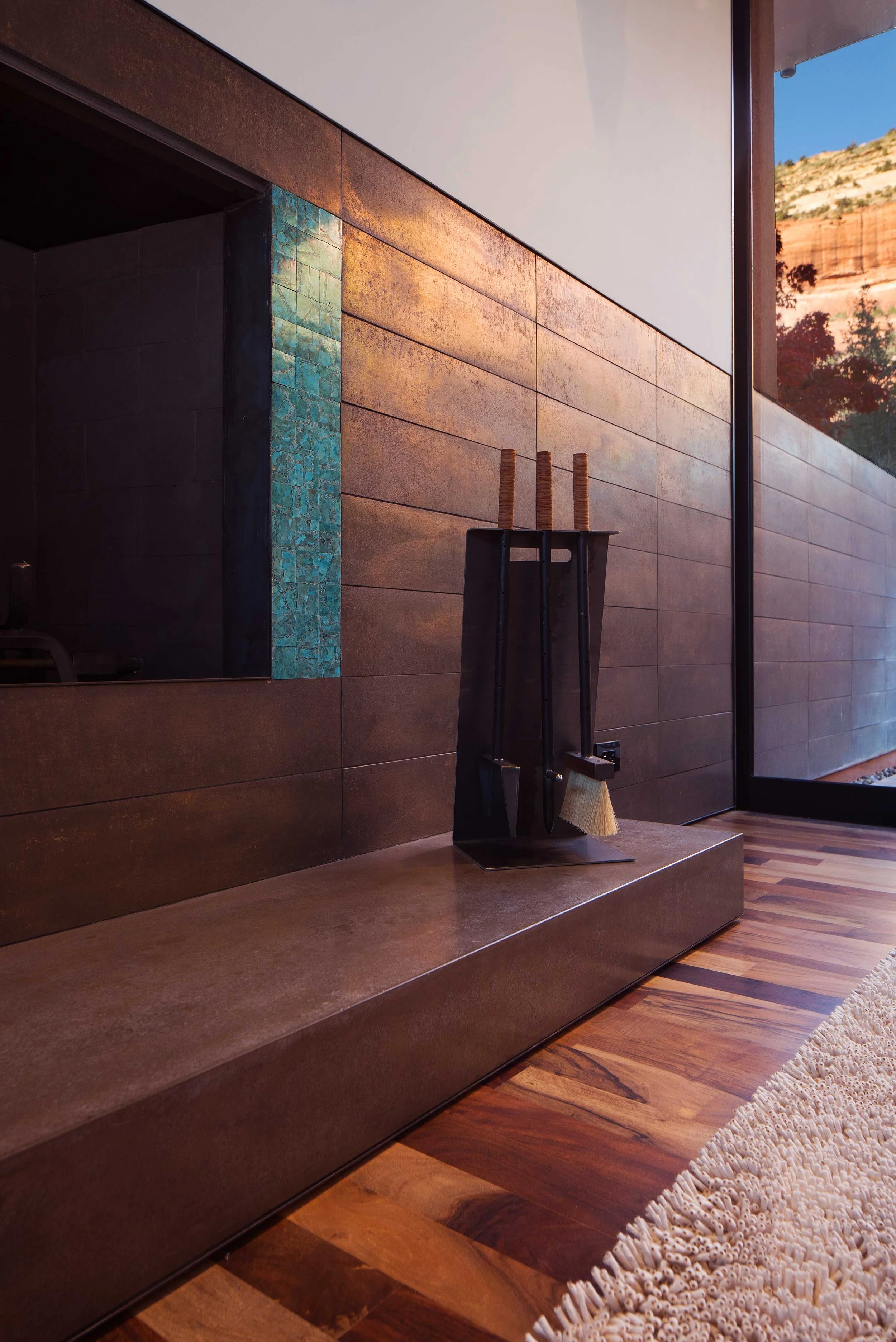 contemporary home fireplace turquoise tile inlay custom fabricated fireplace tools