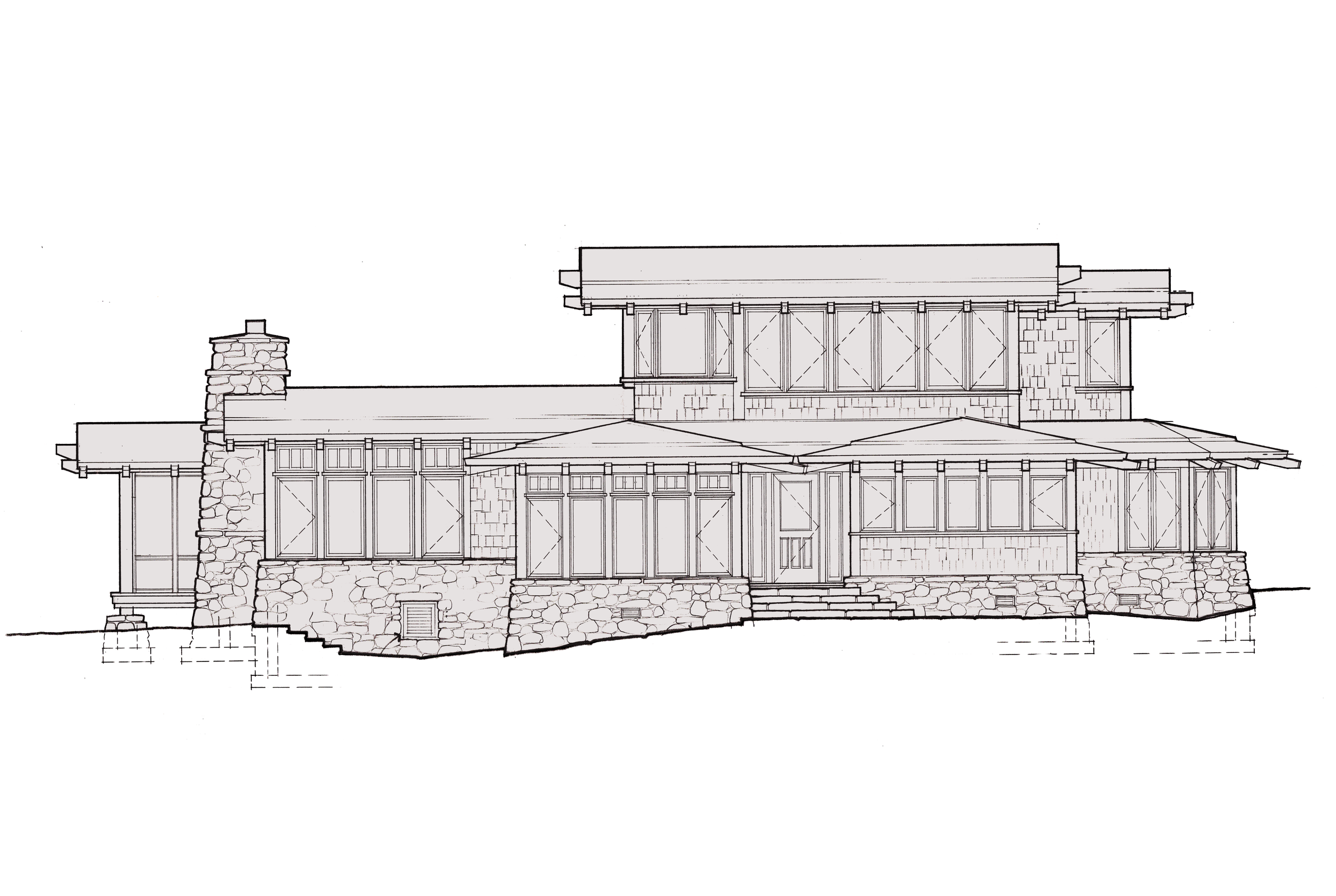 Architectural Sketch of a multi-story house with stone chimney, large windows with shutters, and a stone foundation.