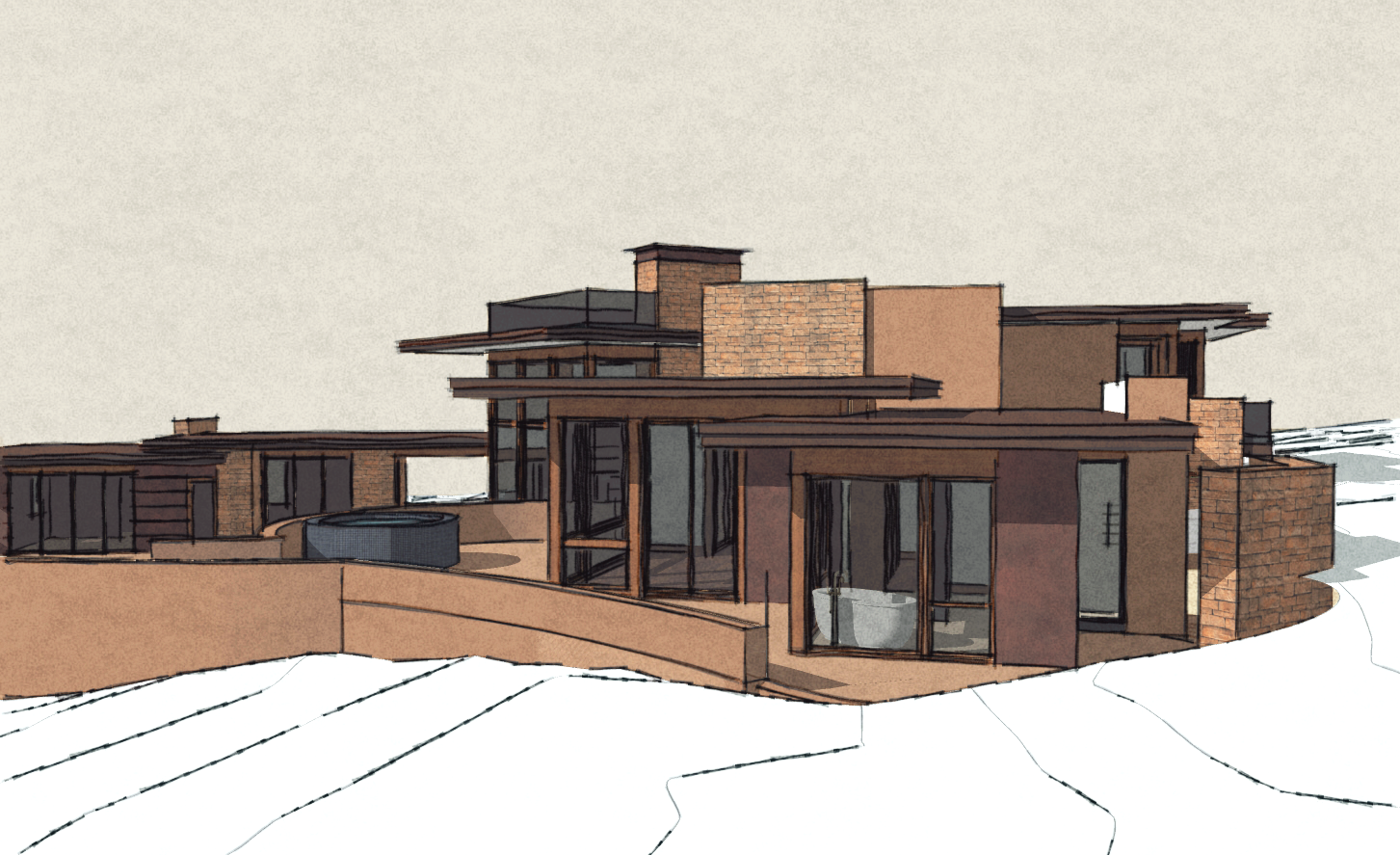 A digital rendering of a modern, multi-level house with large glass windows, flat roofs, brick and stucco exterior, and outdoor balcony areas in a contemporary architectural style.