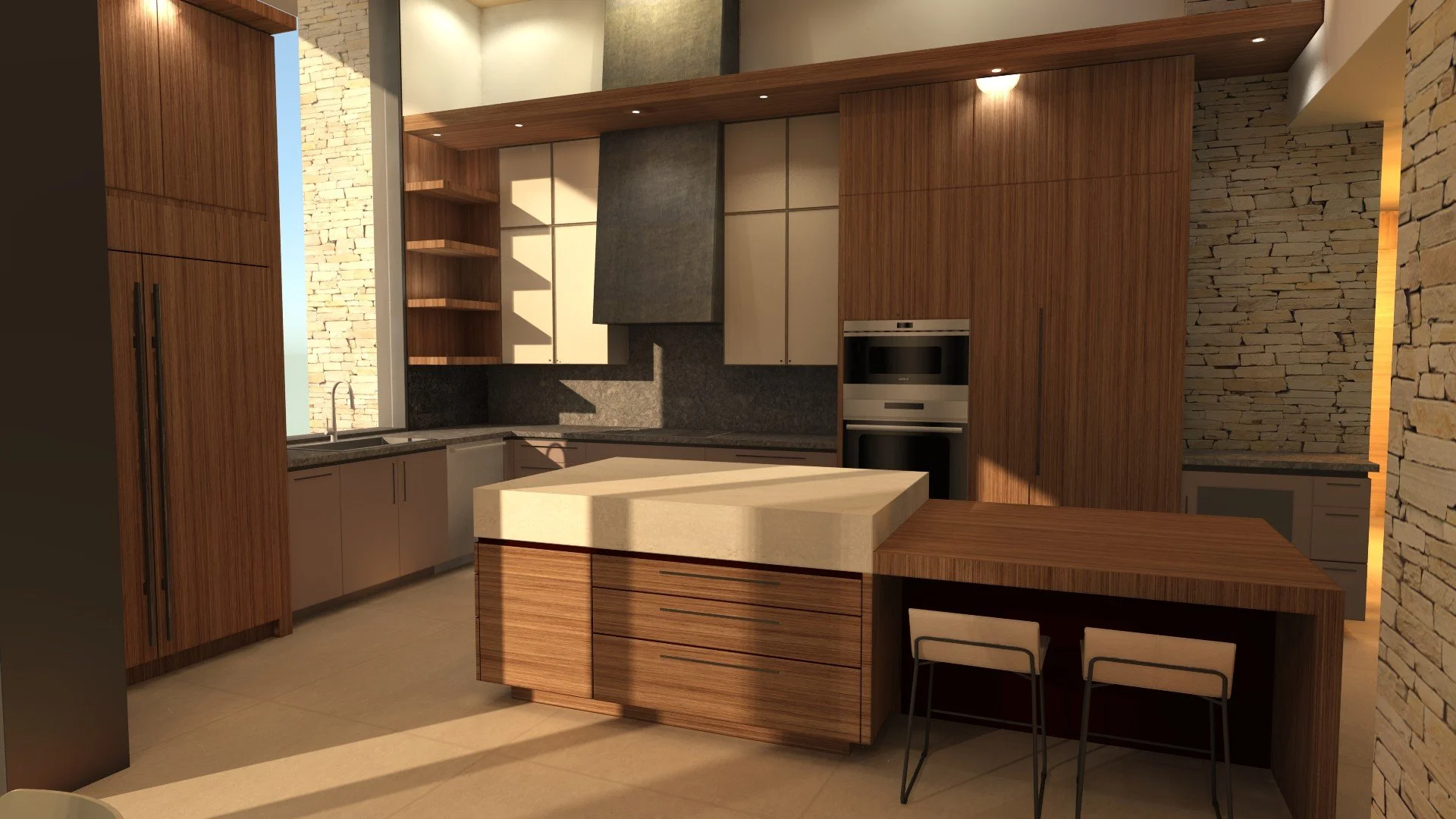 Modern kitchen with wooden cabinets, a stone countertop, and a kitchen island. There are open shelves, a double oven, and a window with sunlight shining through.