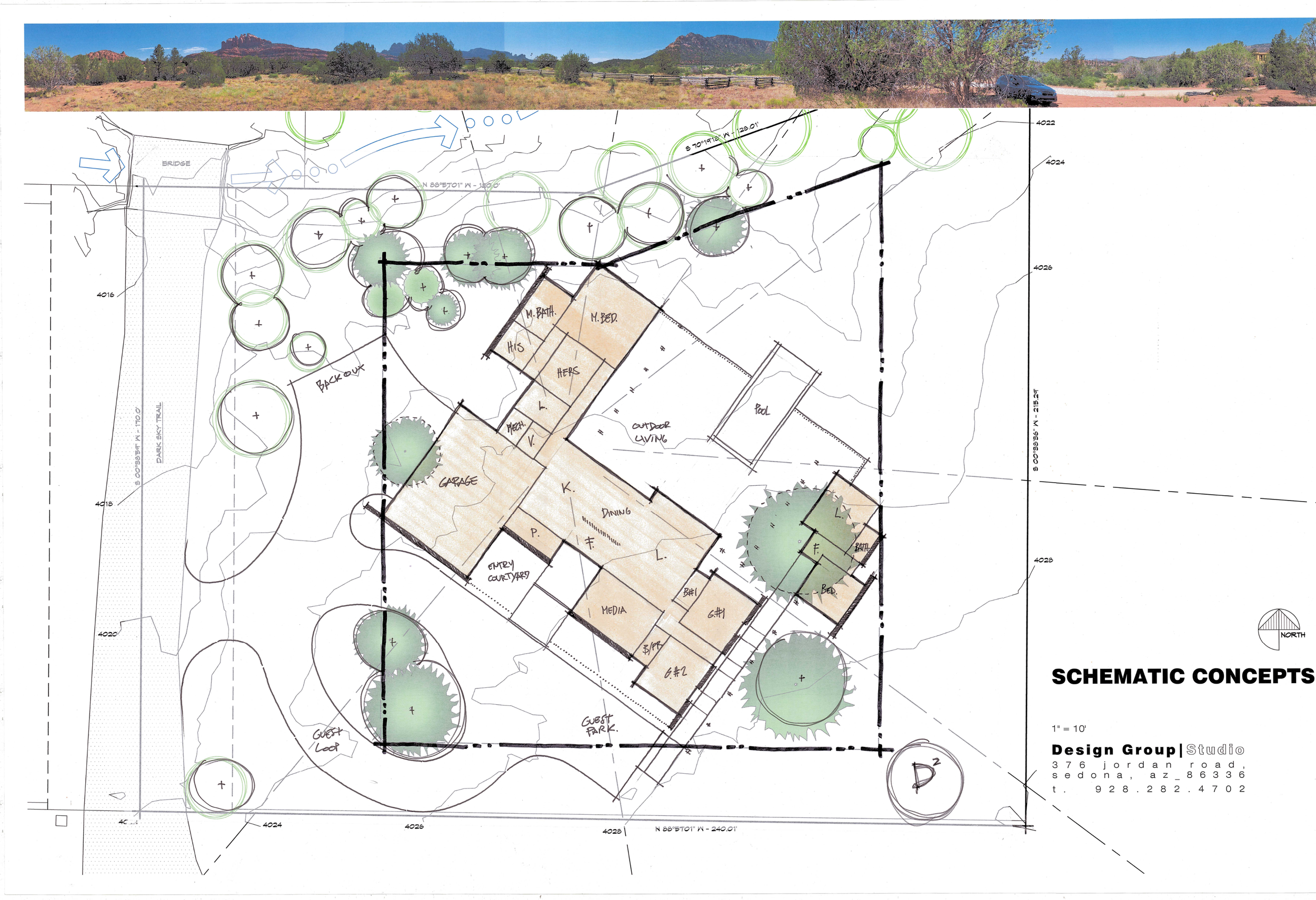 Architectural schematic plan of a house with labeled rooms, trees, and outdoor features, including a garage, pool, guest parking, and garden, with a topographic landscape background.