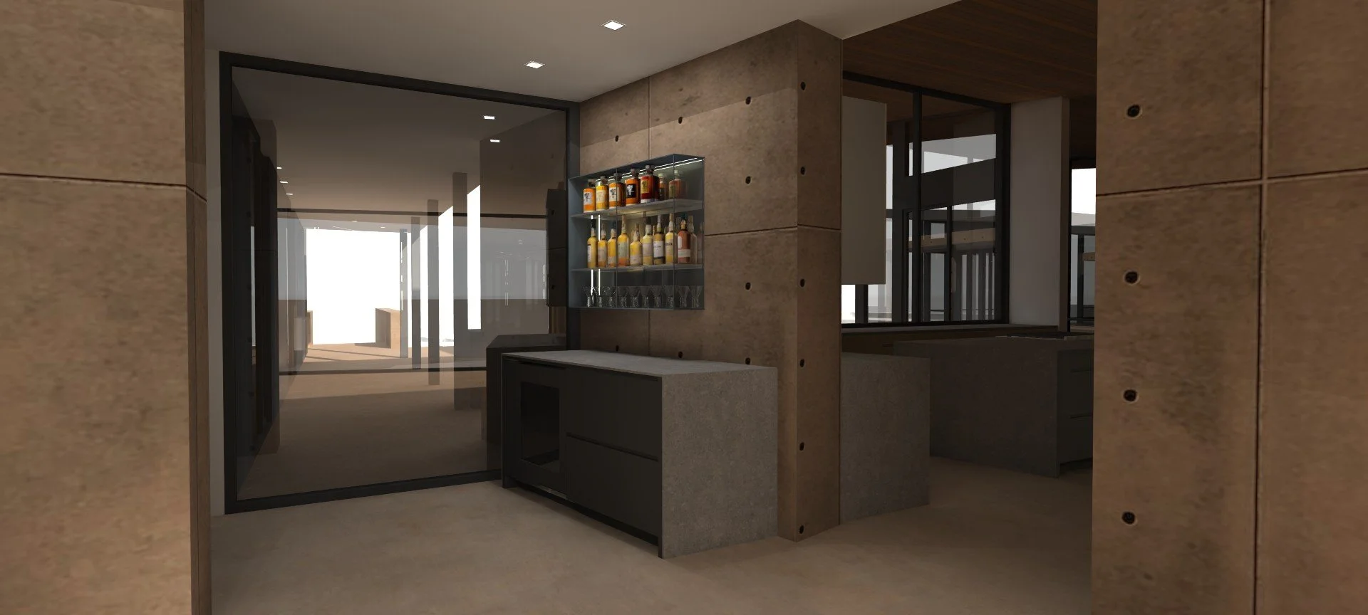 Modern indoor space with a gray stone counter, a glass shelf stocked with bottles, and large windows with sliding glass doors leading outside.