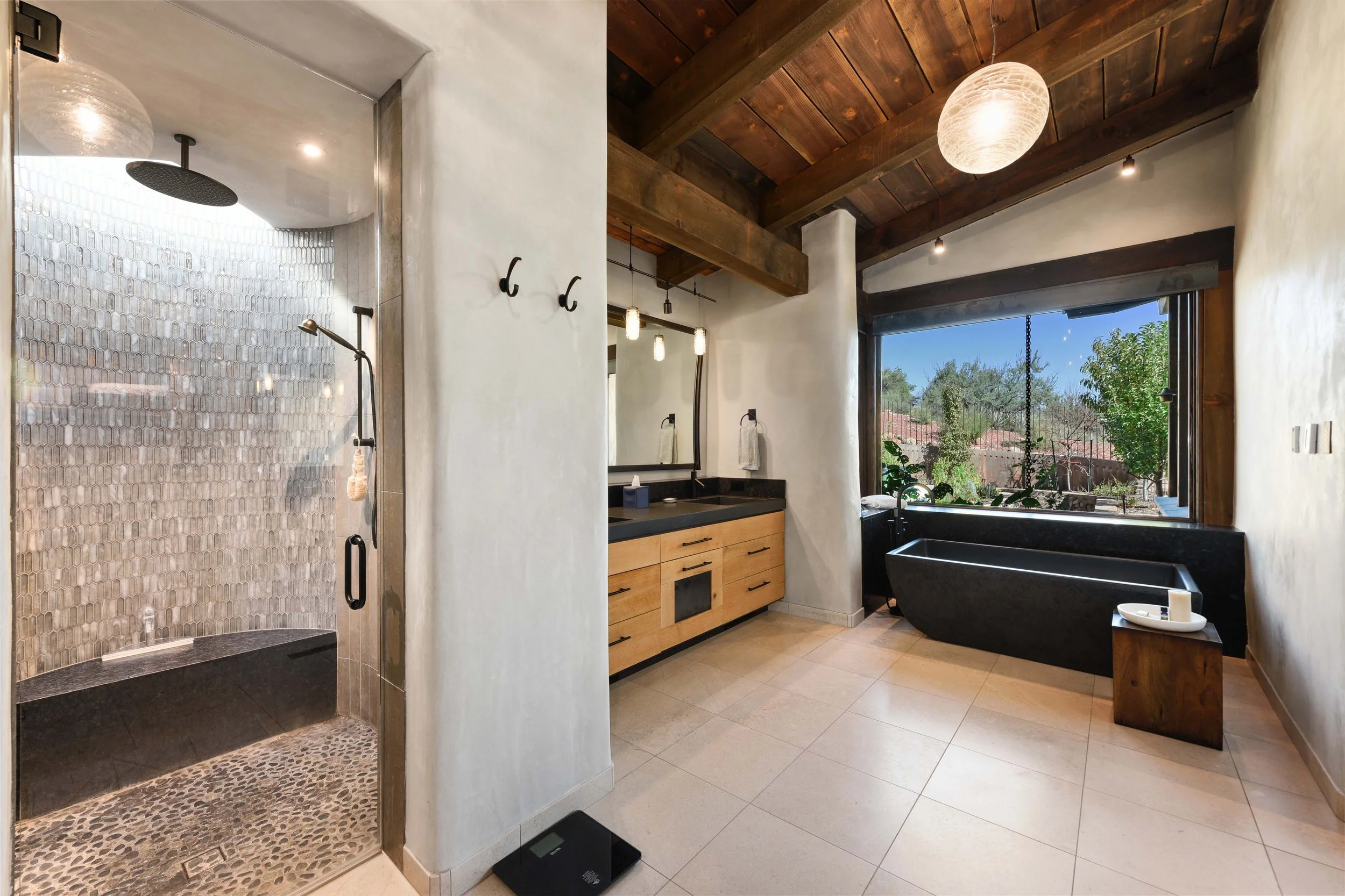 Modern southwest bathroom exposed timber ceiling private residence Sedona