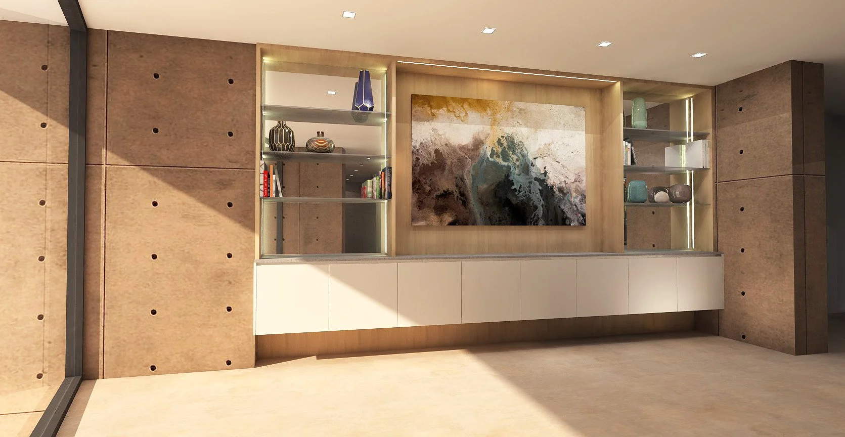 Precast concrete walls with built-in shelving, contemporary decorative vases, books, and a large abstract painting on the wall.