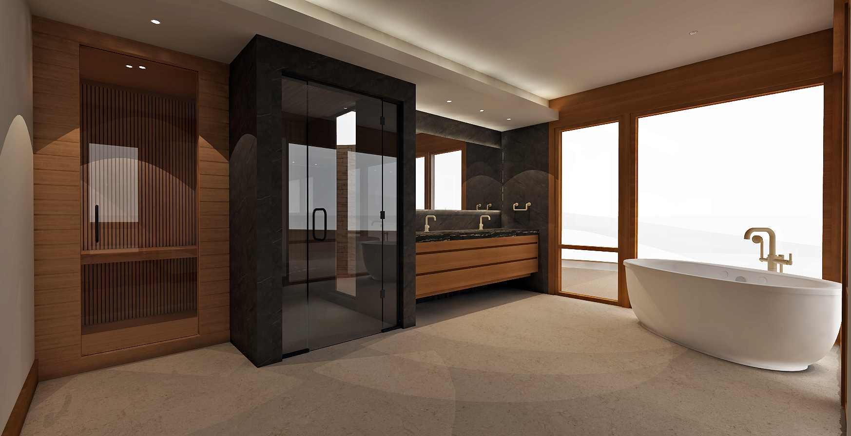 Modern bathroom with a freestanding bathtub, wooden vanity with two sinks, black marble accents, glass shower enclosure, and large windows letting in natural light.