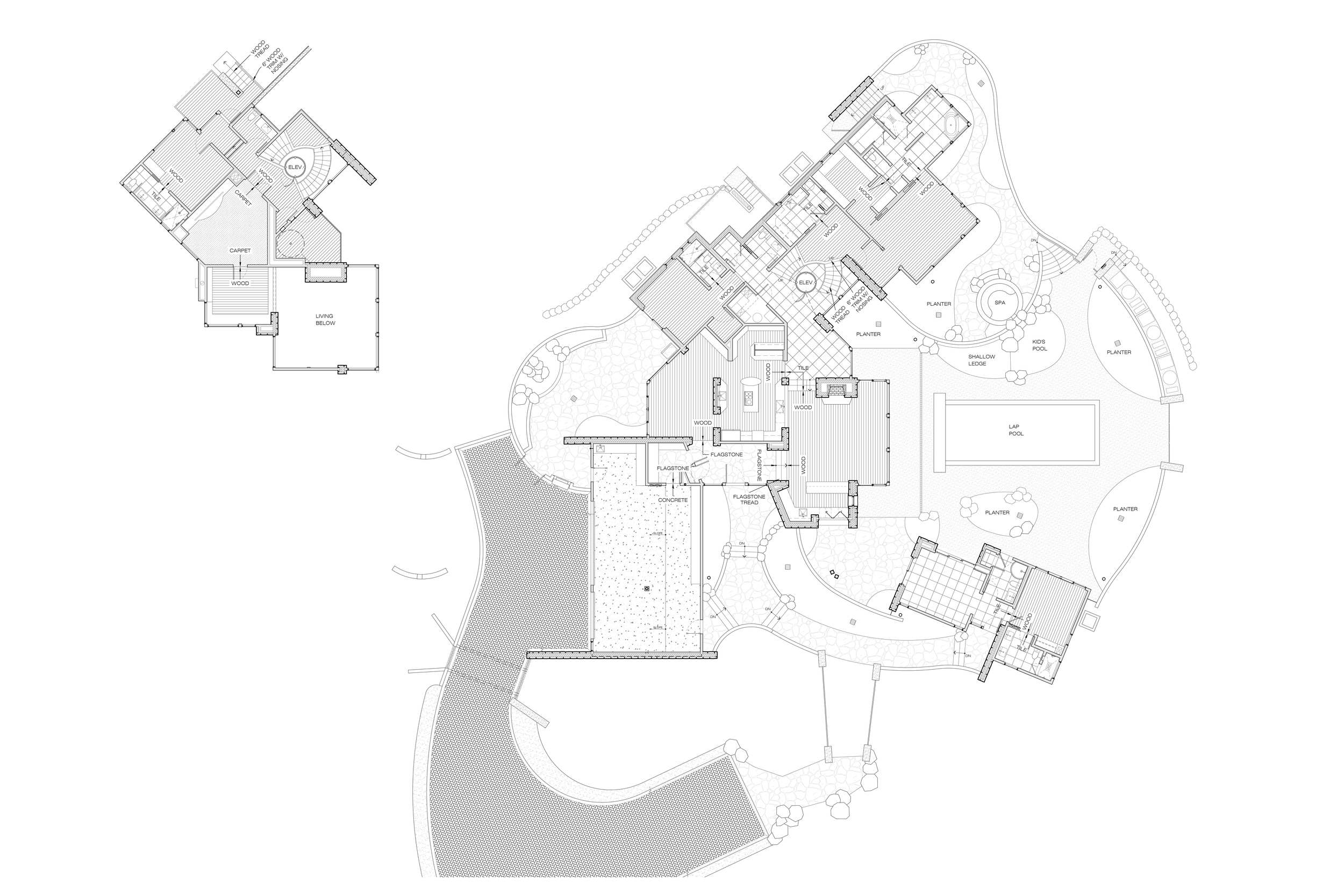 Architectural blueprint of a large estate featuring multiple buildings, a swimming pool, landscaped areas, and outdoor amenities.
