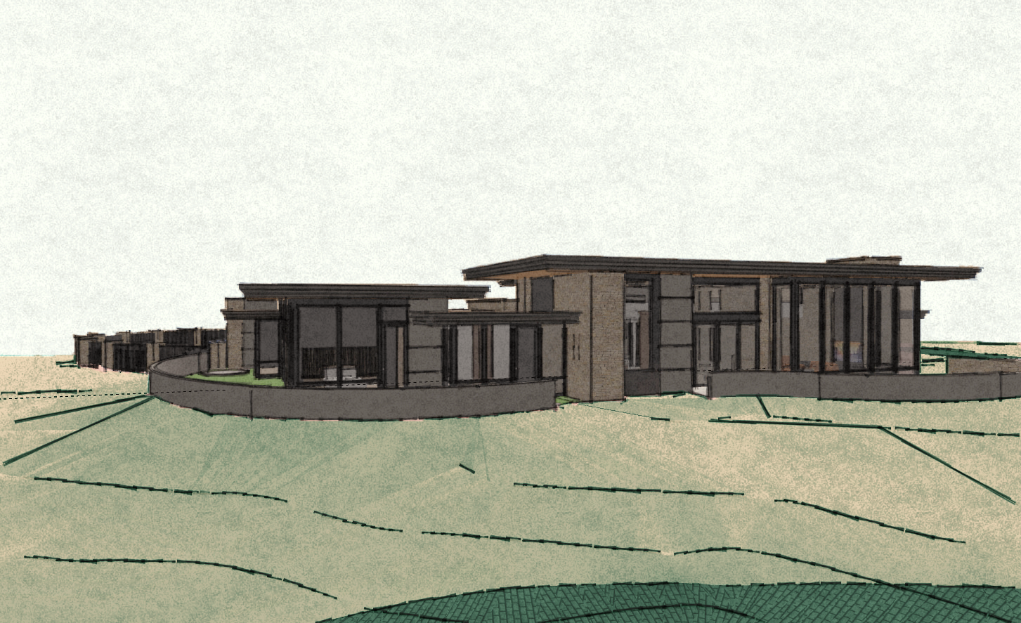 Architectural rendering of a modern house with large glass windows on a landscaped property.