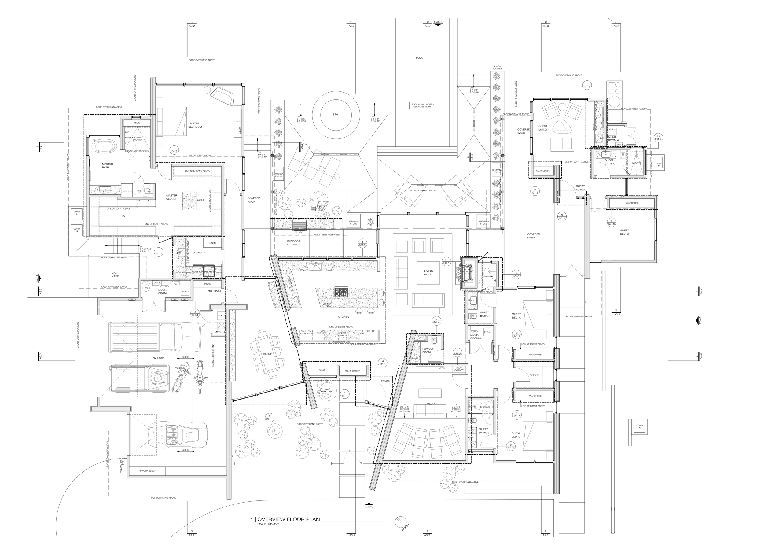 Architectural floor plan of a house with various rooms, outdoor areas, and landscaping details.