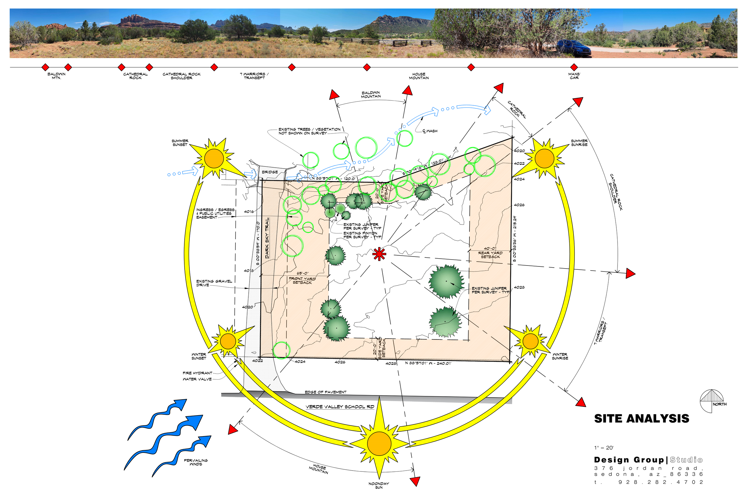 Site analysis plan showing a landscaping layout with trees, bushes, and pathways, surrounded by sun icons indicating sunlight exposure, and directional arrows pointing to various features of the landscape design.