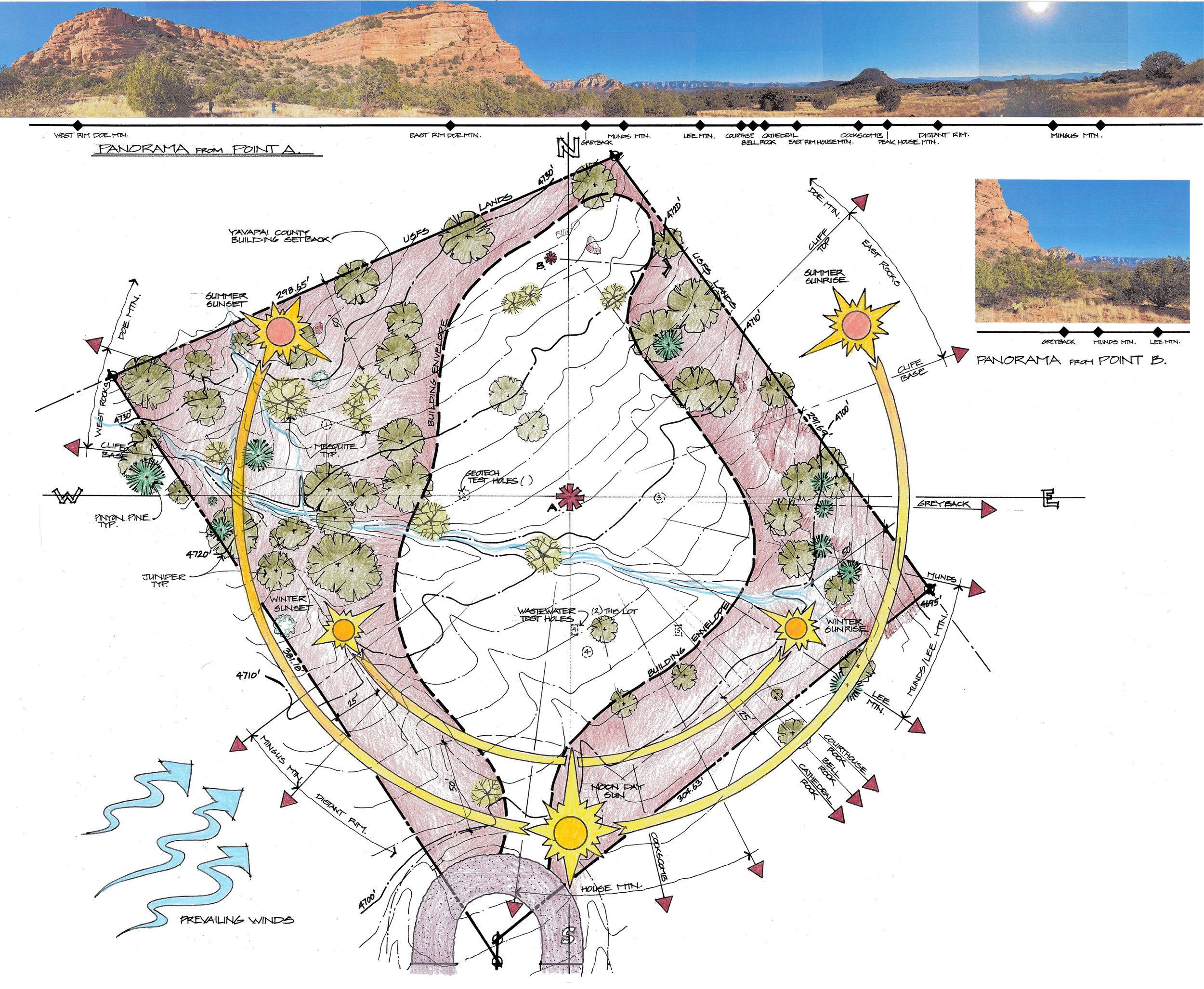 Landscape architectural plan illustrating a natural desert setting with trees, water features, pathways, and various planting areas. The plan includes markings for sun positions, wind directions, and elevation contours with a background photograph of red rock formations and a clear sky.