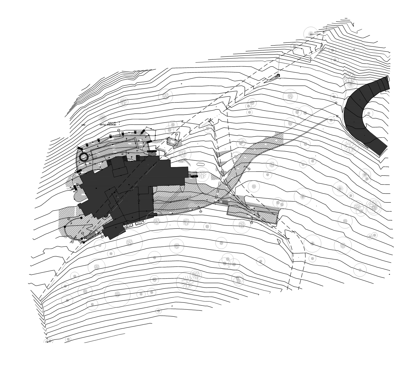 Architectural site plan showing a building, pathways, and landscape features on a hillside with contour lines and trees.