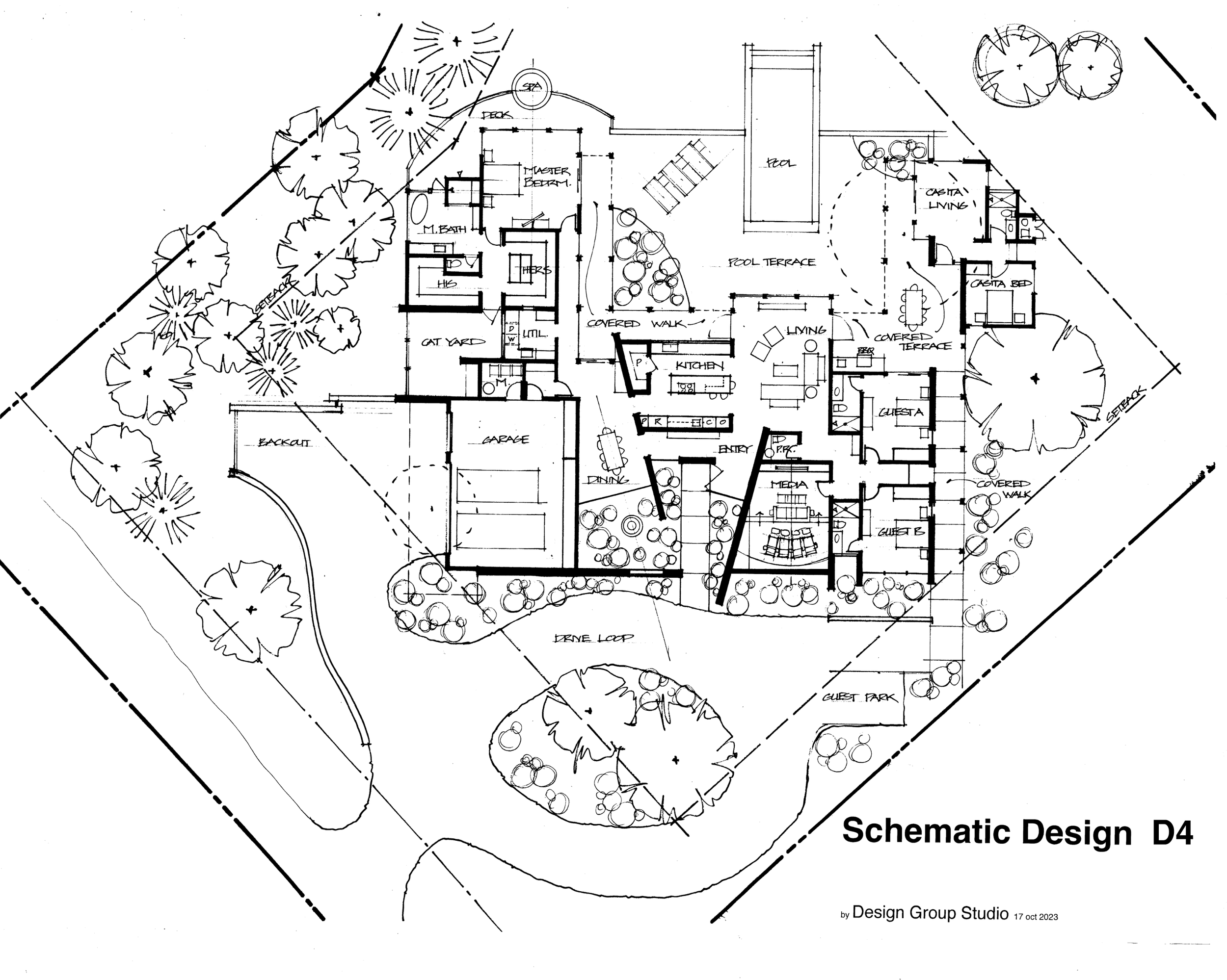 Architectural site plan drawing of a residential home labeled 'Schematic Design D4,' including labeled rooms, outdoor living spaces, a pool, garden areas, trees, and landscaping details.