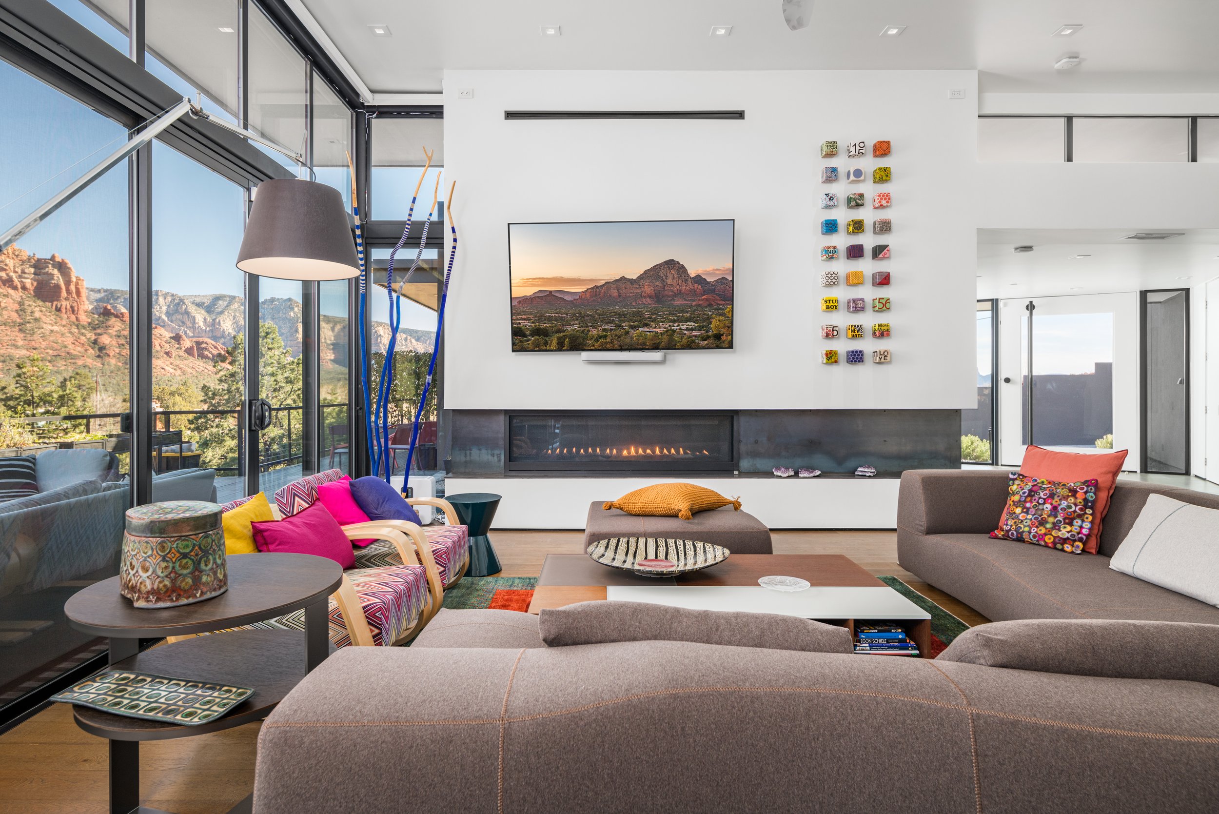 large living room fireplace custom metal paneling minimalist modern contemporary art