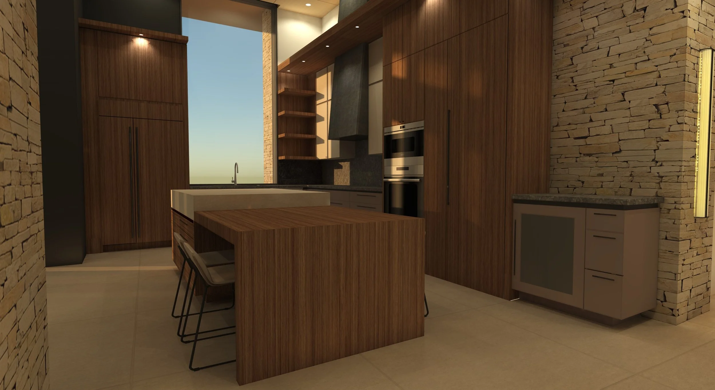 Modern kitchen with wooden cabinets, a large island with barstools, built-in appliances, and a stone accent wall. A window provides natural light.