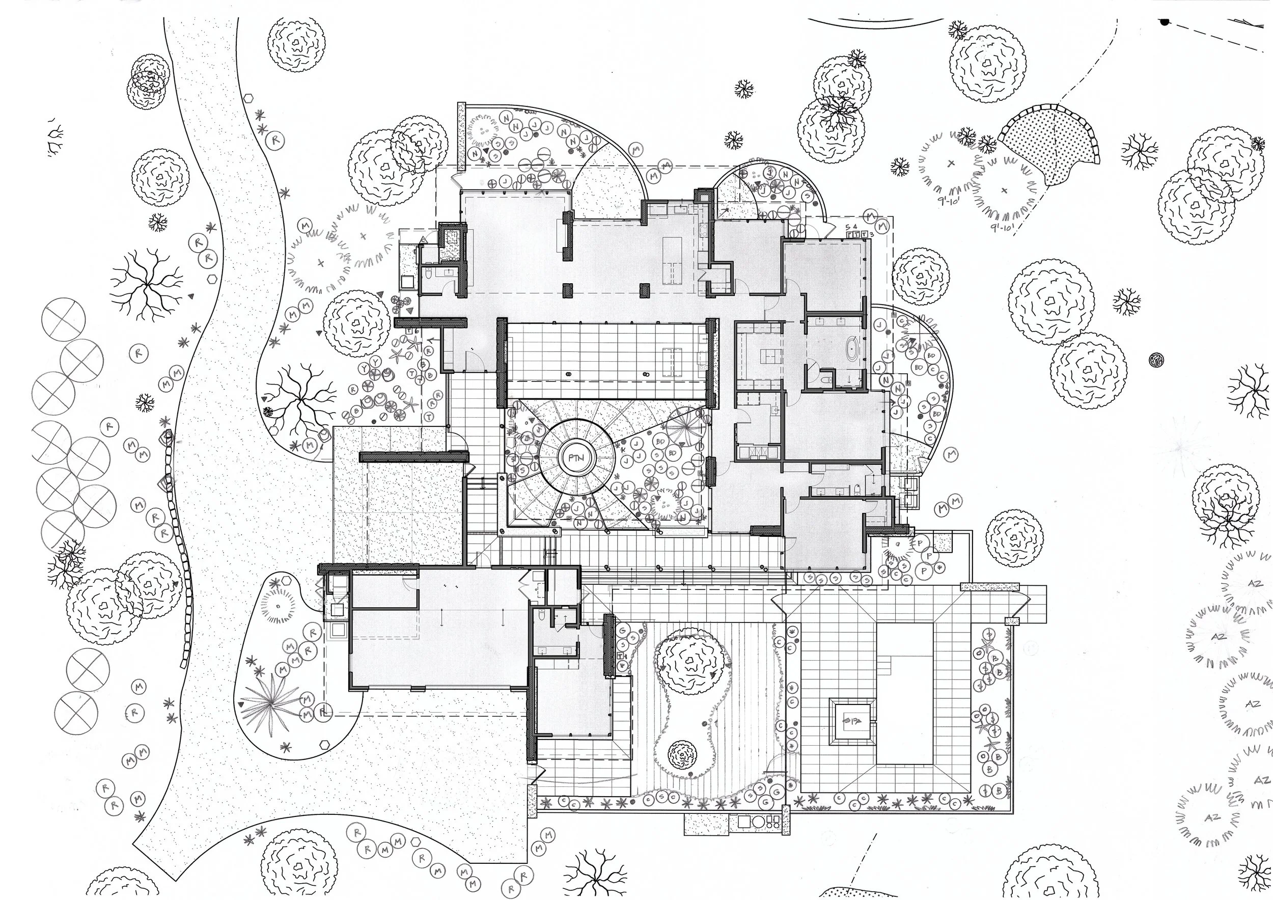 Architectural site plan of a large residential house with surrounding landscape, trees, pathways, and garden areas.