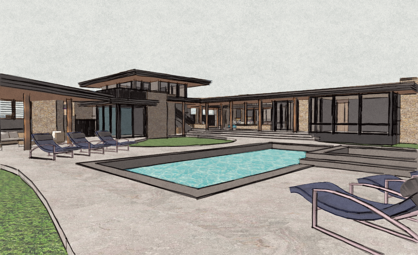 A modern house with a backyard featuring a swimming pool, lounge chairs, and outdoor seating, surrounded by concrete walkways and grassy areas.