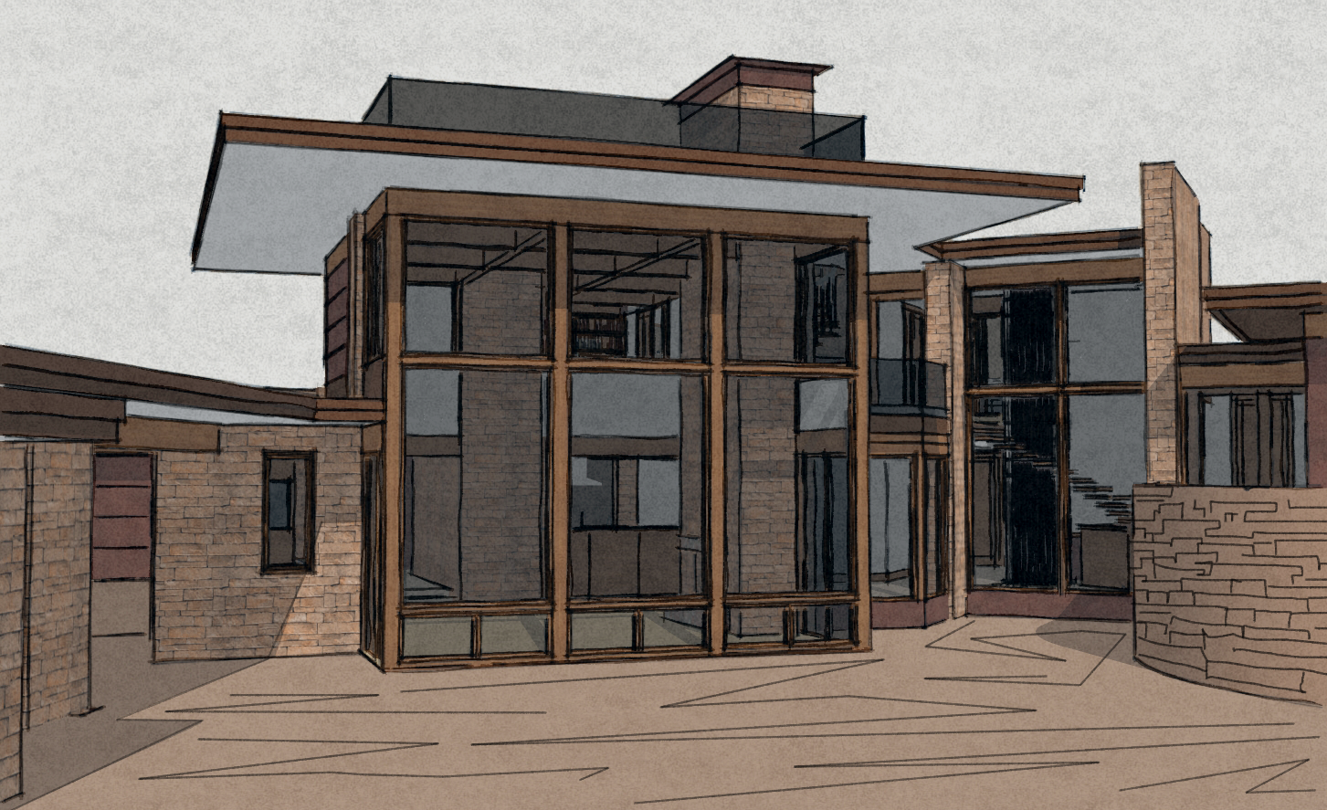 Sketch-style illustration of a modern multi-story house featuring large glass windows, brick walls, and wooden framing, with an outdoor patio area.