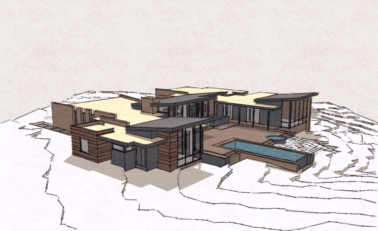 Architectural drawing of a modern house with a swimming pool and hot tub on a hillside.