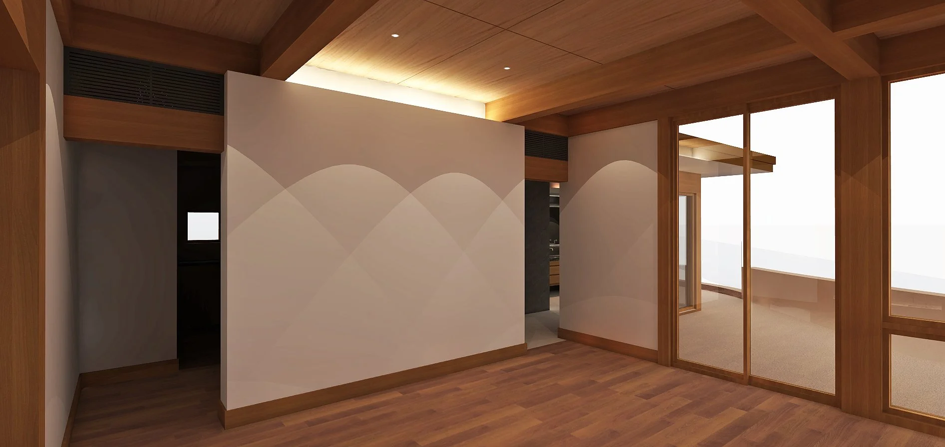 Interior view of a modern room with wood floors, wood ceiling, and large glass doors leading to a balcony or outdoor area, with a white partition wall partially dividing the space.