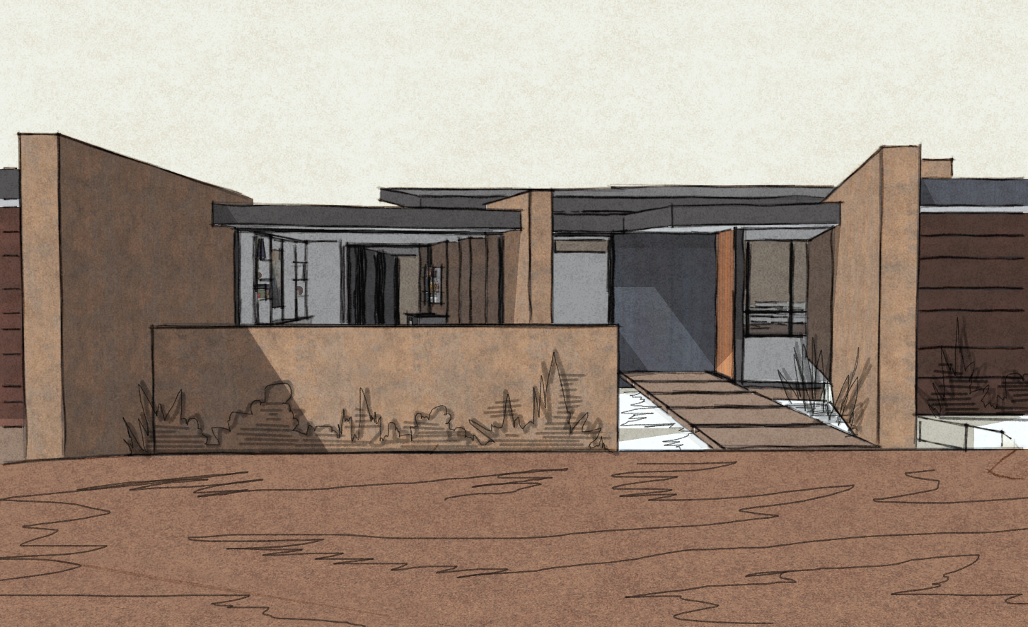 Sketched render of a Southwest modern house with a flat roof and a small front porch, with metal cladding and flagstone mass walls.
