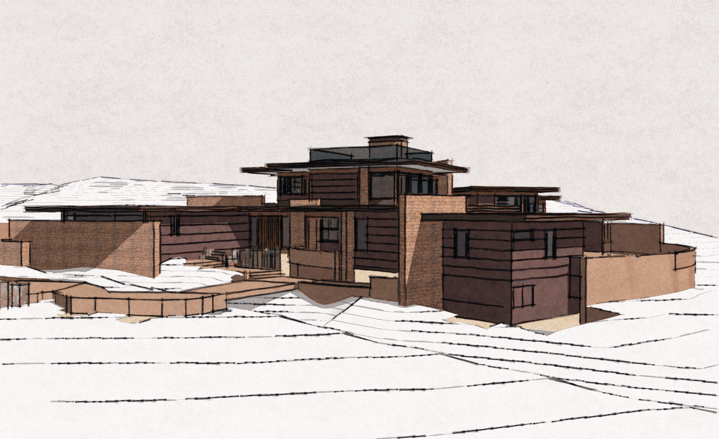 A digital drawing of a modern multi-story house on a snowy landscape.