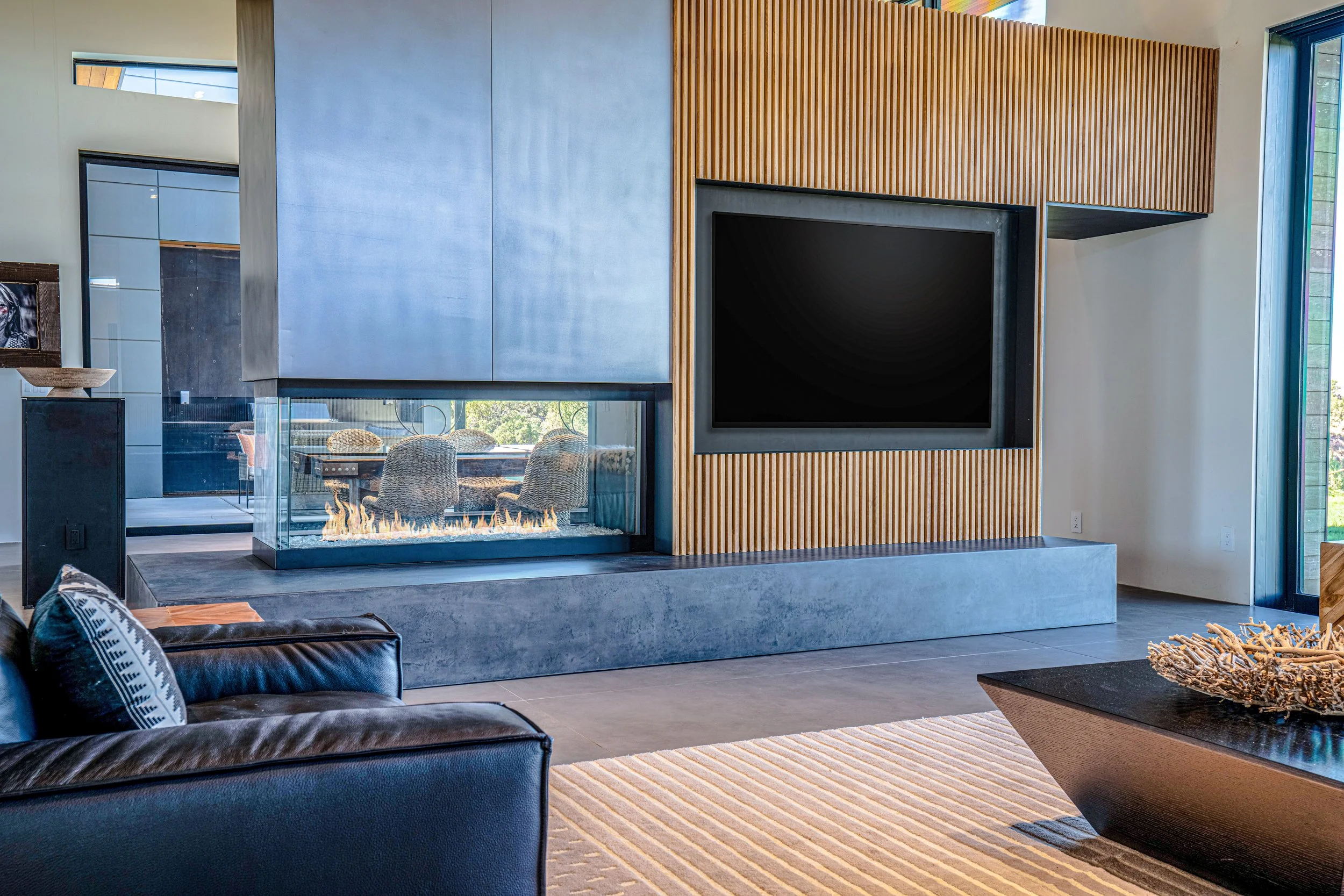 Modern fireplace wood slat wall luxury residential interior