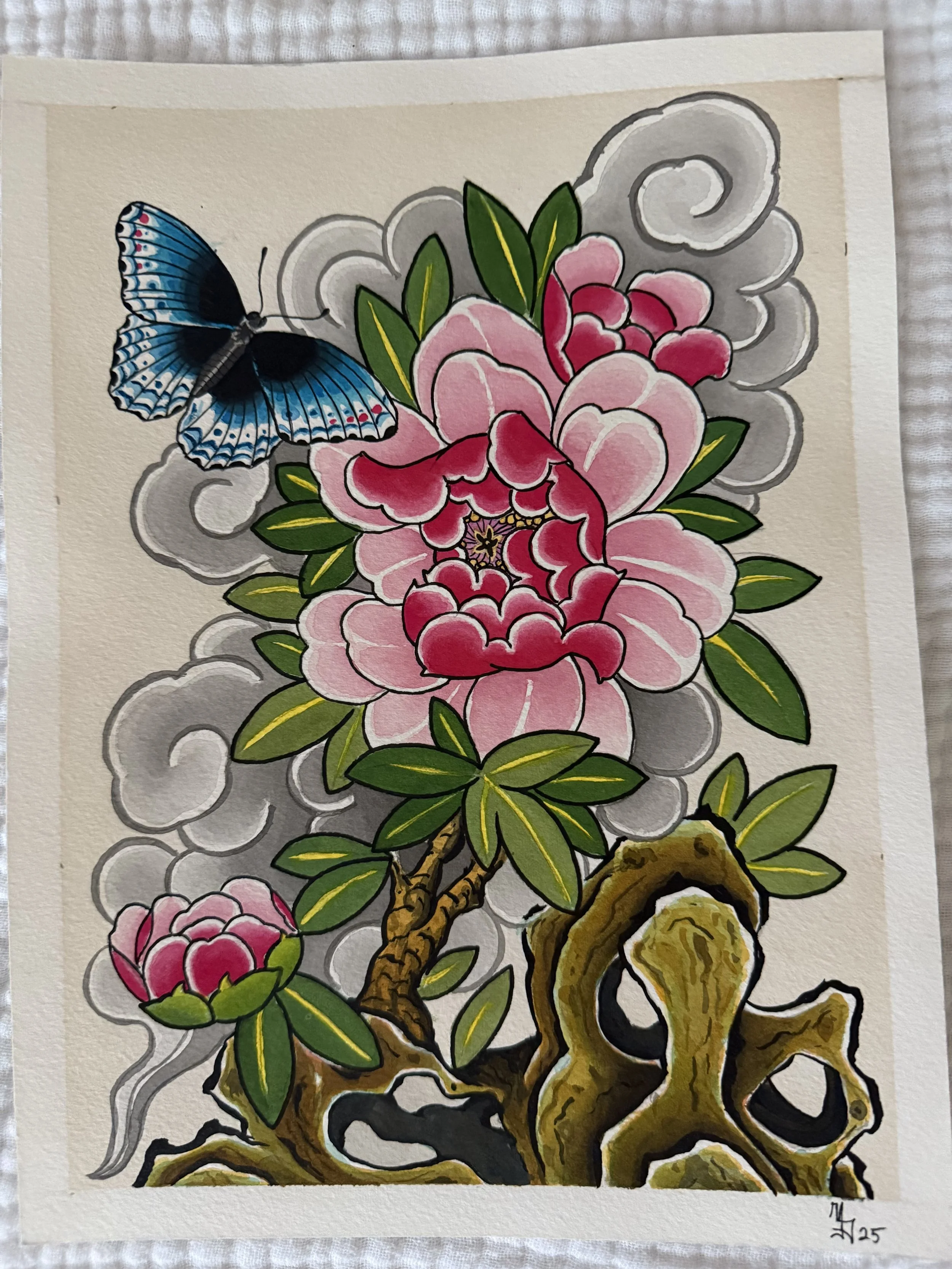 A traditional Japanese tattoo-style illustration of pink peonies, green leaves, gray clouds, a blue butterfly, and a brown gnarled branch.