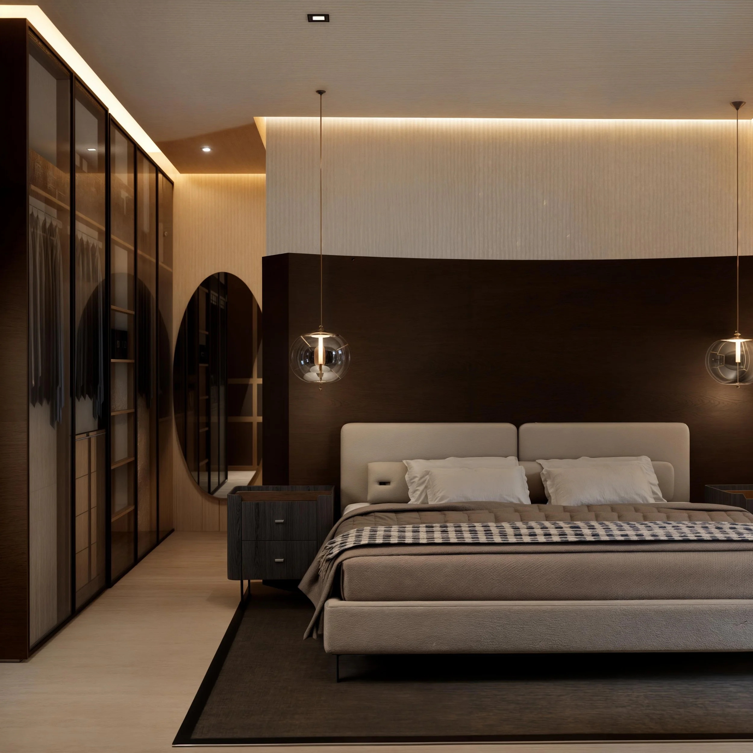 Habitación moderna con cama grande, cabecera blanca, mesas de noche oscuras, paredes de madera, espejos en la pared y lámparas suspendidas.