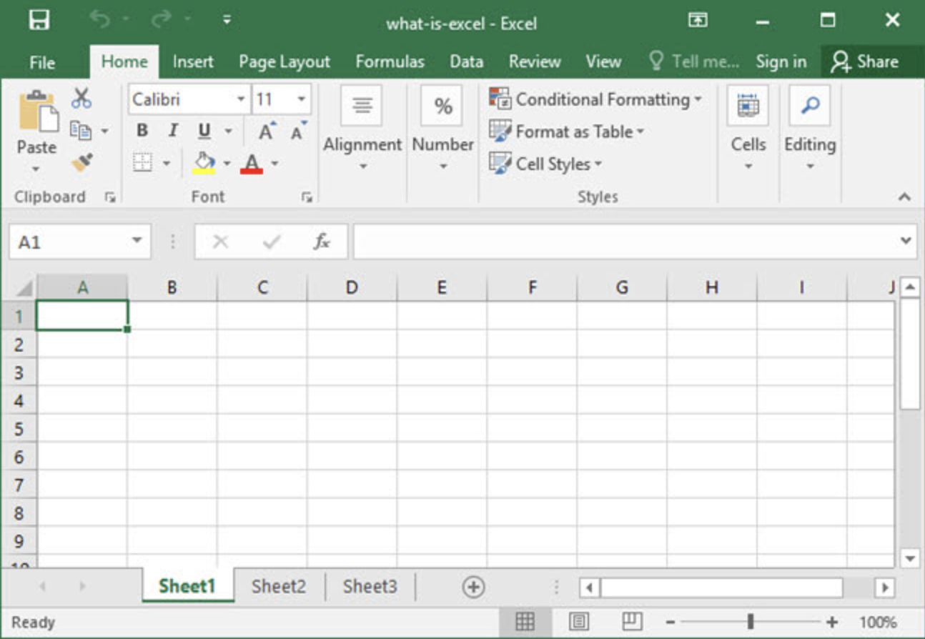 Screenshot of the Excel spreadsheet program open on a Windows computer, showing the Home tab with formatting options visible and an empty spreadsheet. The interface includes menu options like File, Insert, Page Layout, Formulas, Data, Review, View, and Share at the top, with a sheet tab labeled "Sheet1" at the bottom.